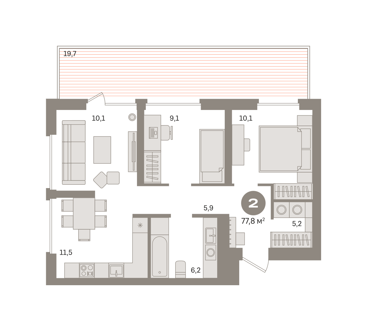 2 комн. квартира, 77.8 м², 3 этаж  (из 24)