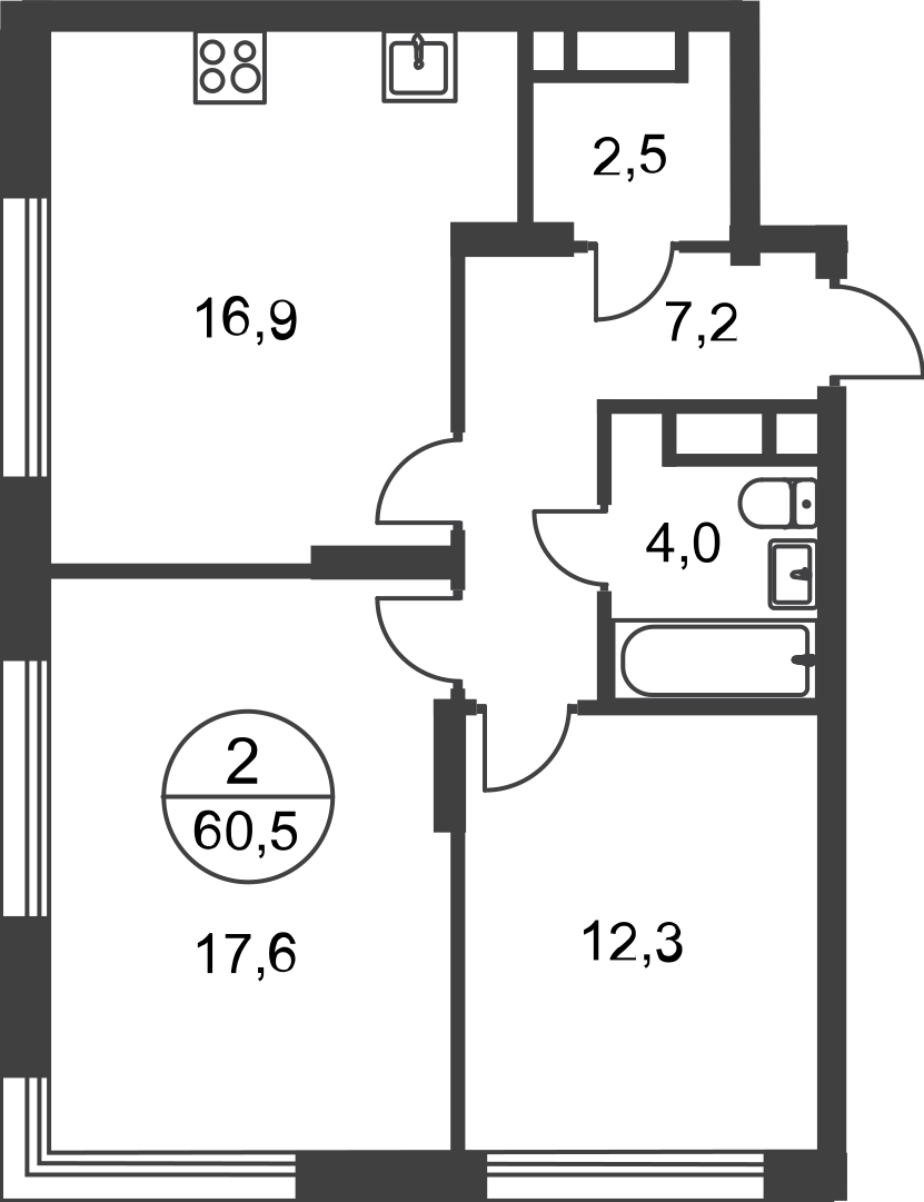 2 комн. квартира, 60.5 м², 12 этаж  (из 17)