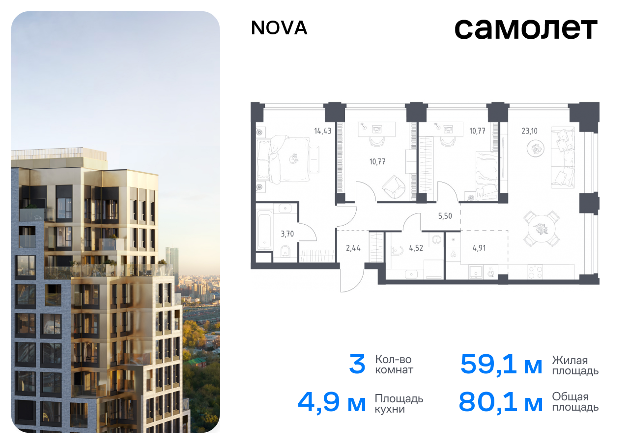 3 комн. квартира, 80.1 м², 25 этаж  (из 32)