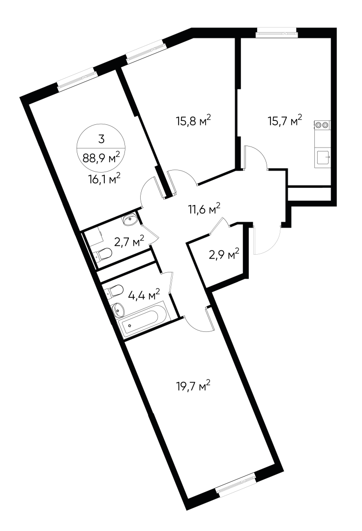 3 комн. квартира, 88.9 м², 15 этаж  (из 17)