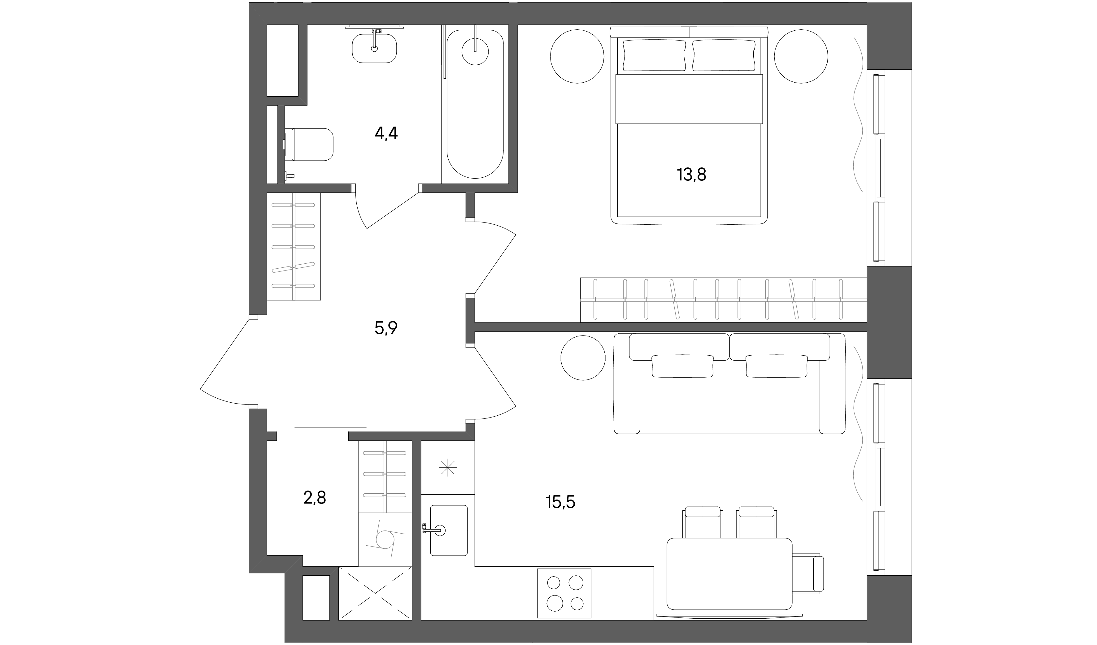 1 комн. квартира, 42.4 м², 15 этаж 