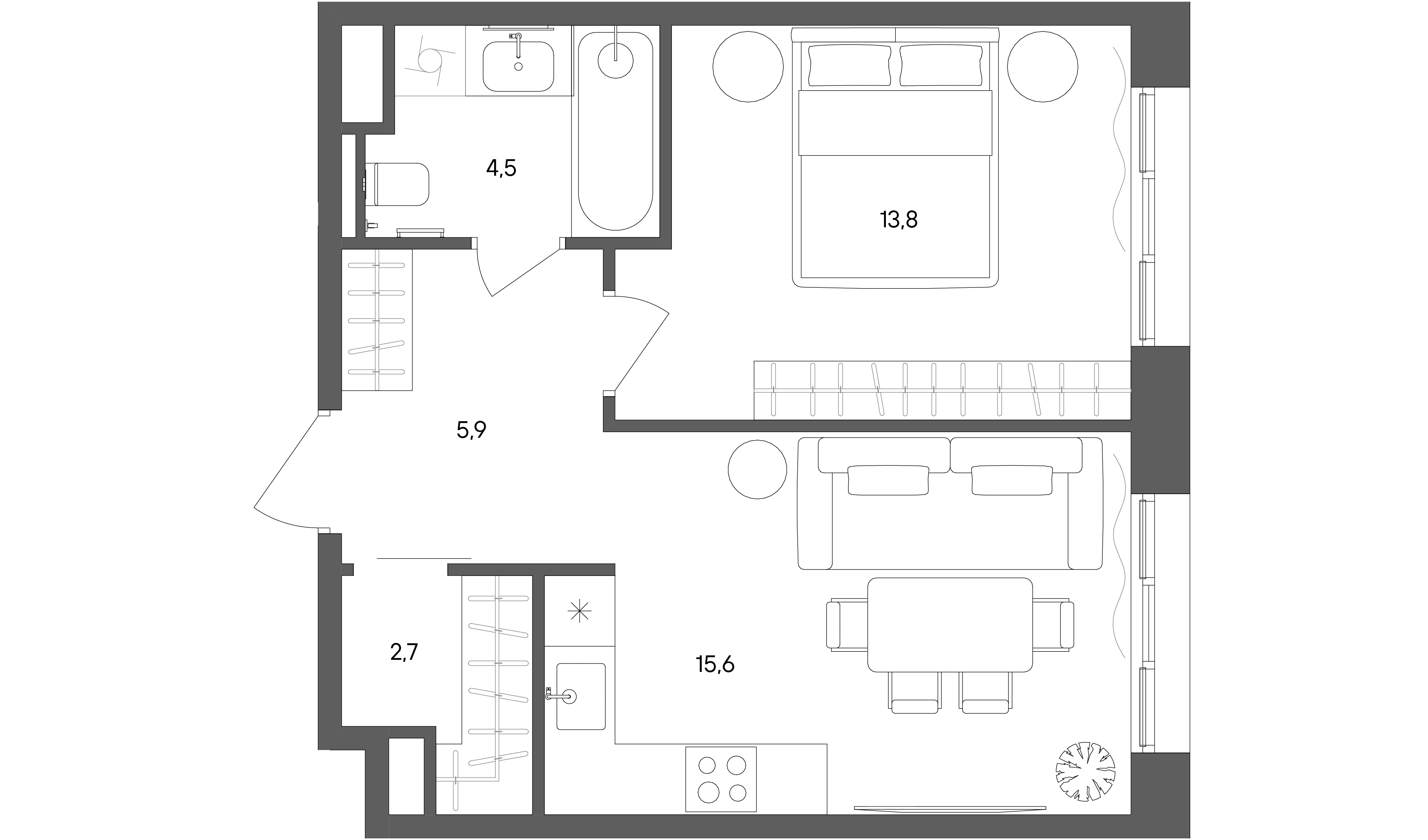 1 комн. квартира, 42.5 м², 25 этаж 