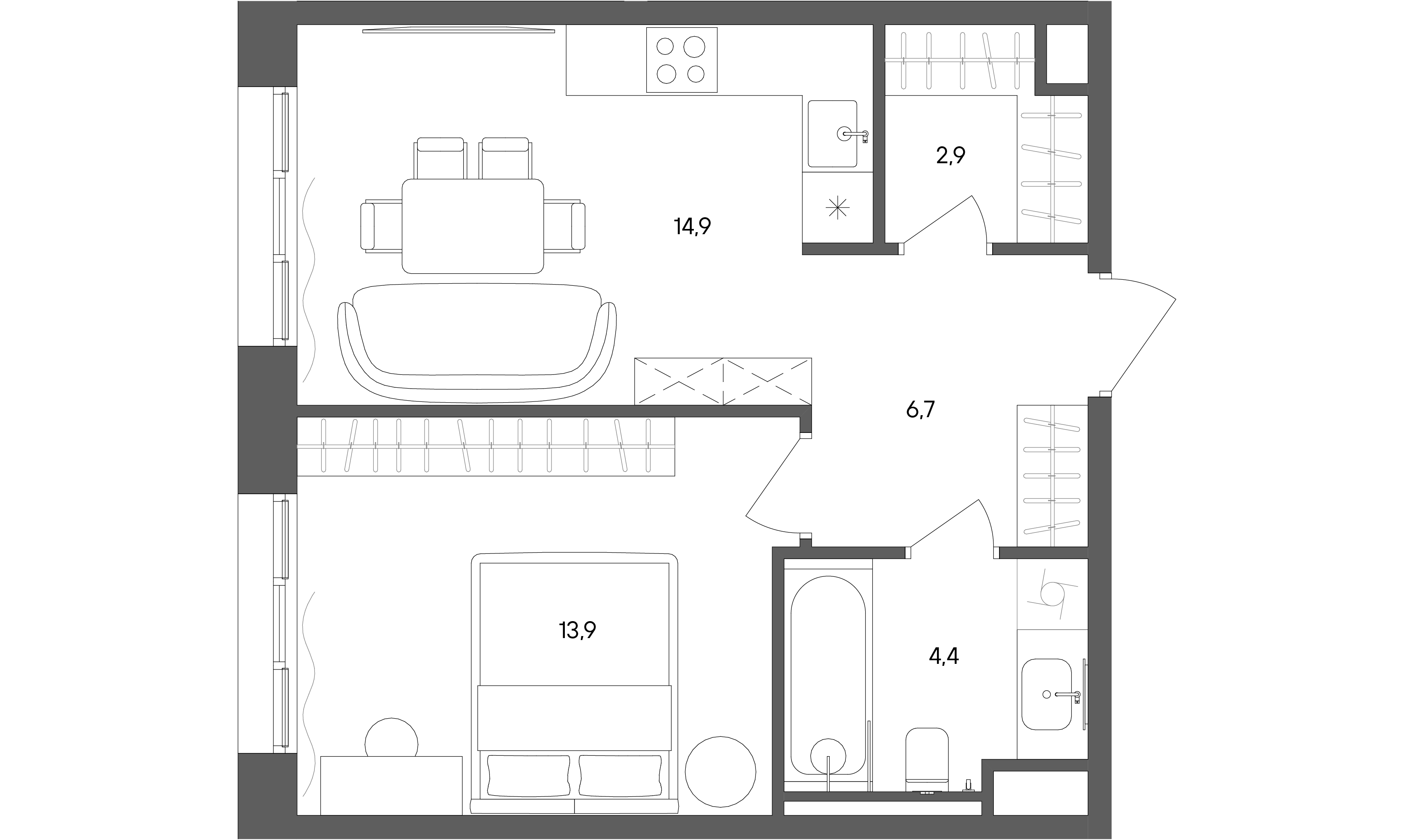 1 комн. квартира, 42.8 м², 24 этаж 