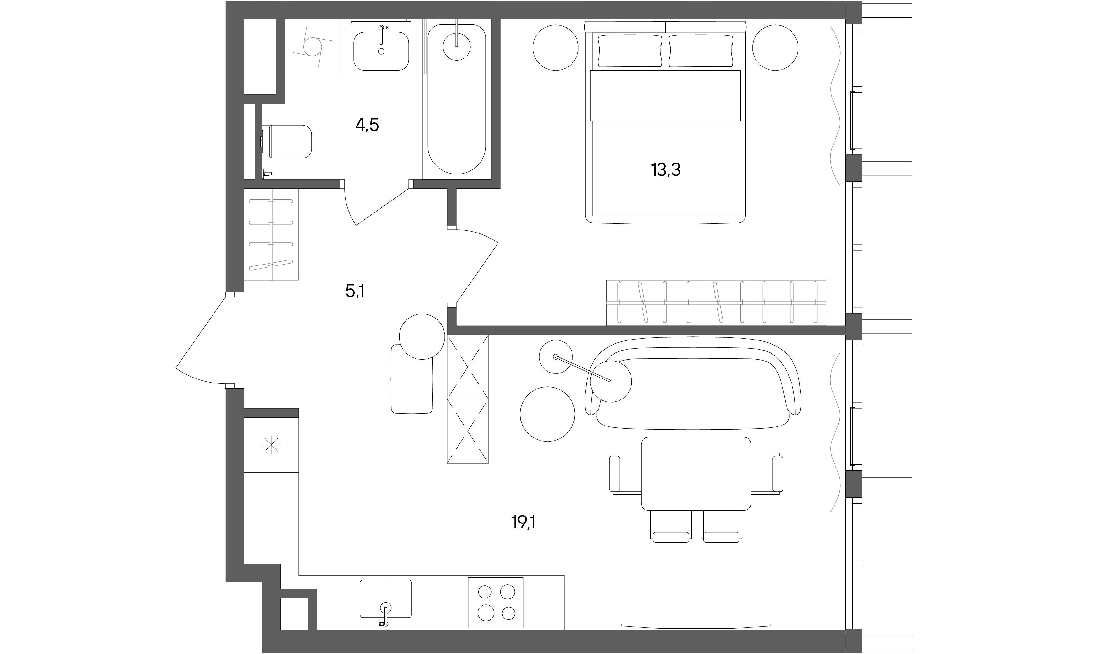 1 комн. квартира, 42 м², 26 этаж 