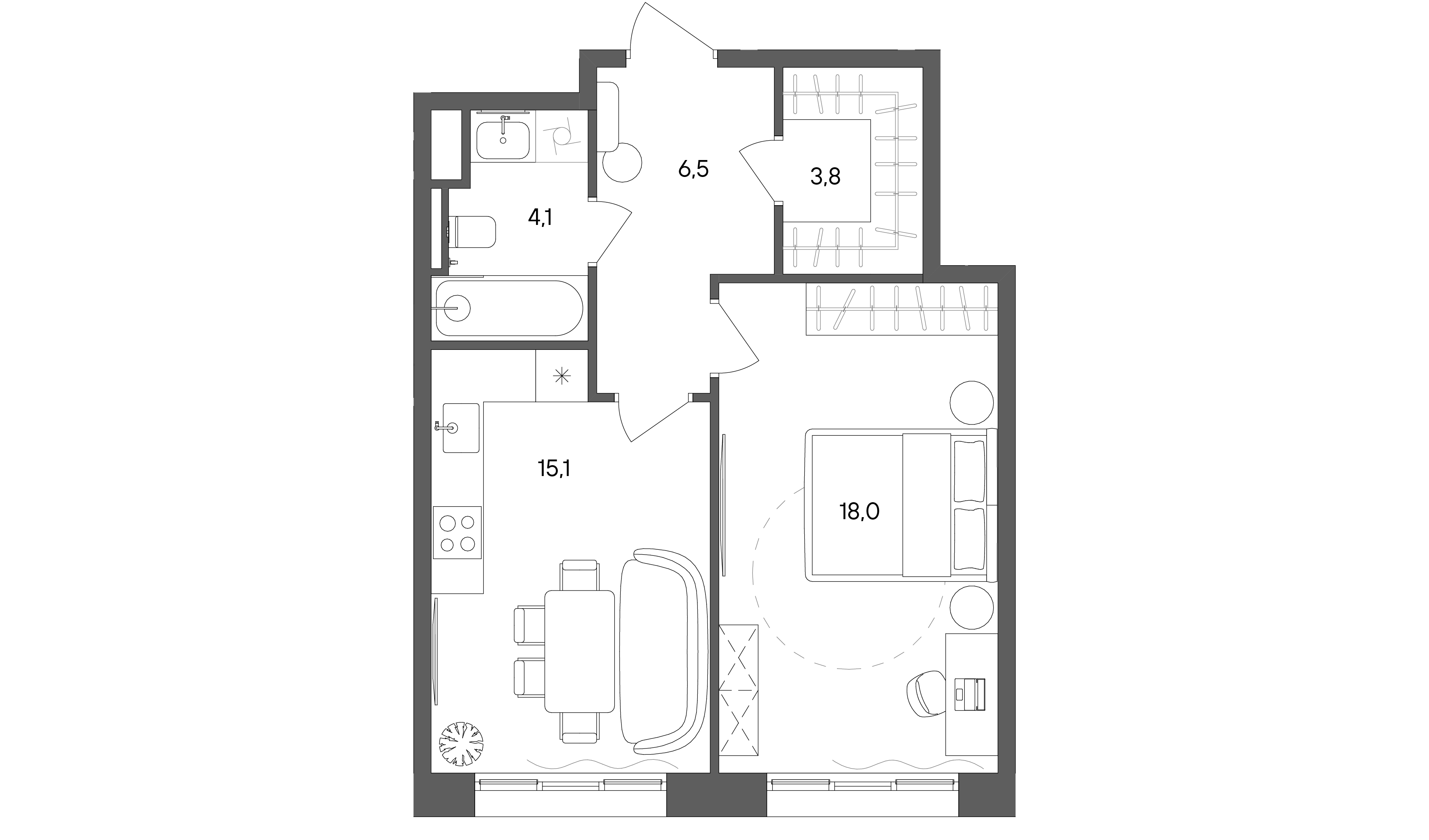 1 комн. квартира, 47.5 м², 15 этаж 