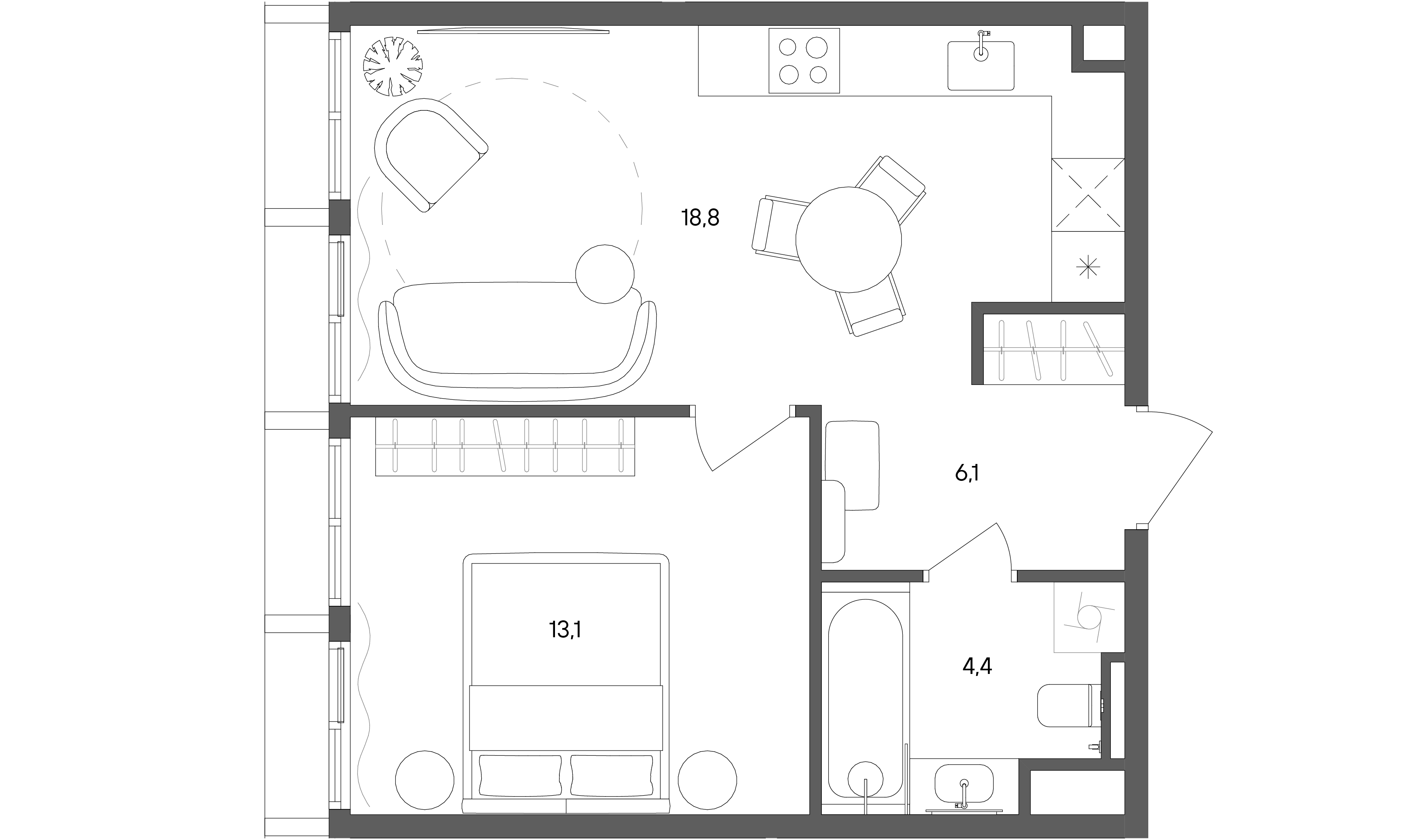 1 комн. квартира, 42.4 м², 26 этаж 