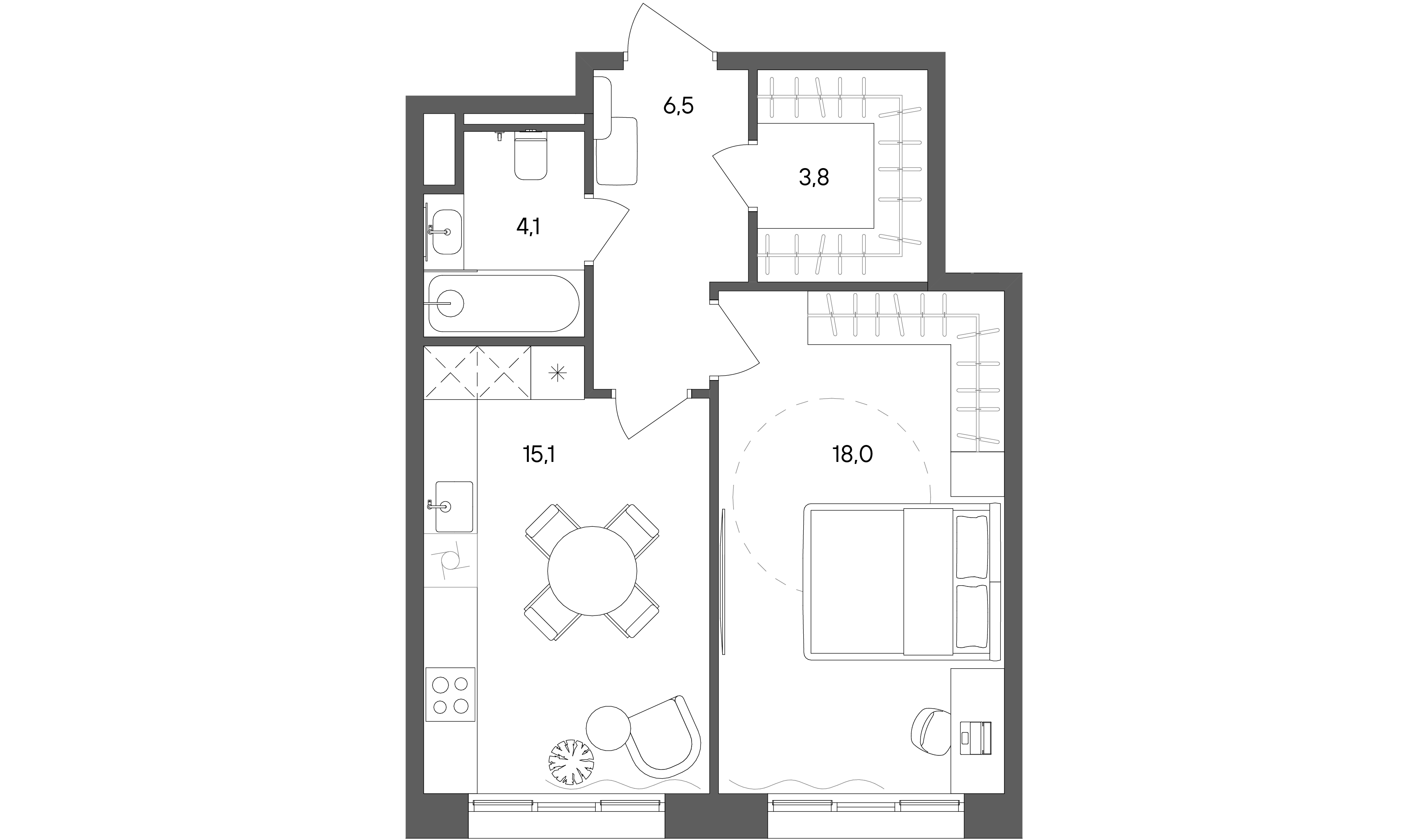 1 комн. квартира, 47.5 м², 25 этаж 