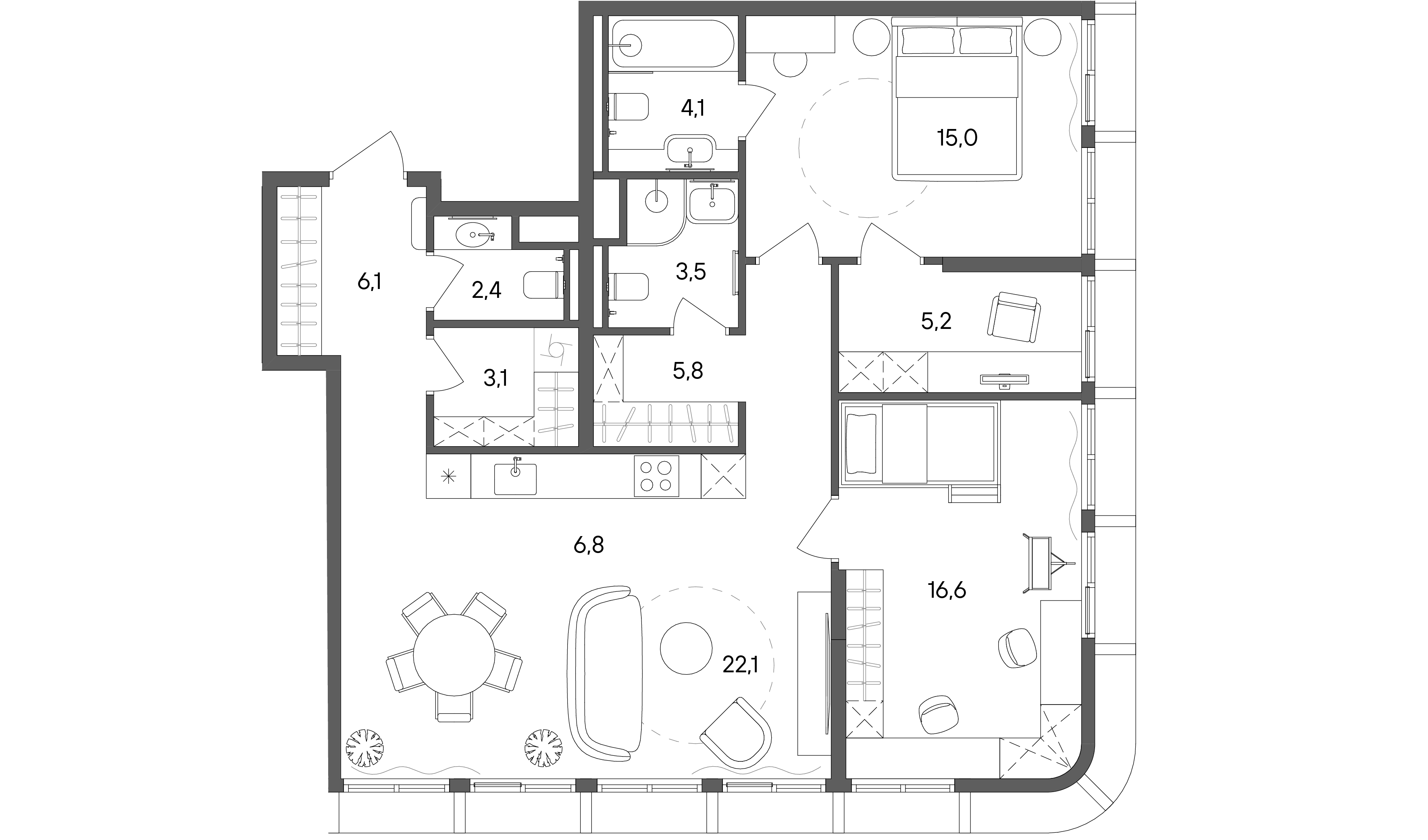 3 комн. квартира, 90.7 м², 26 этаж 
