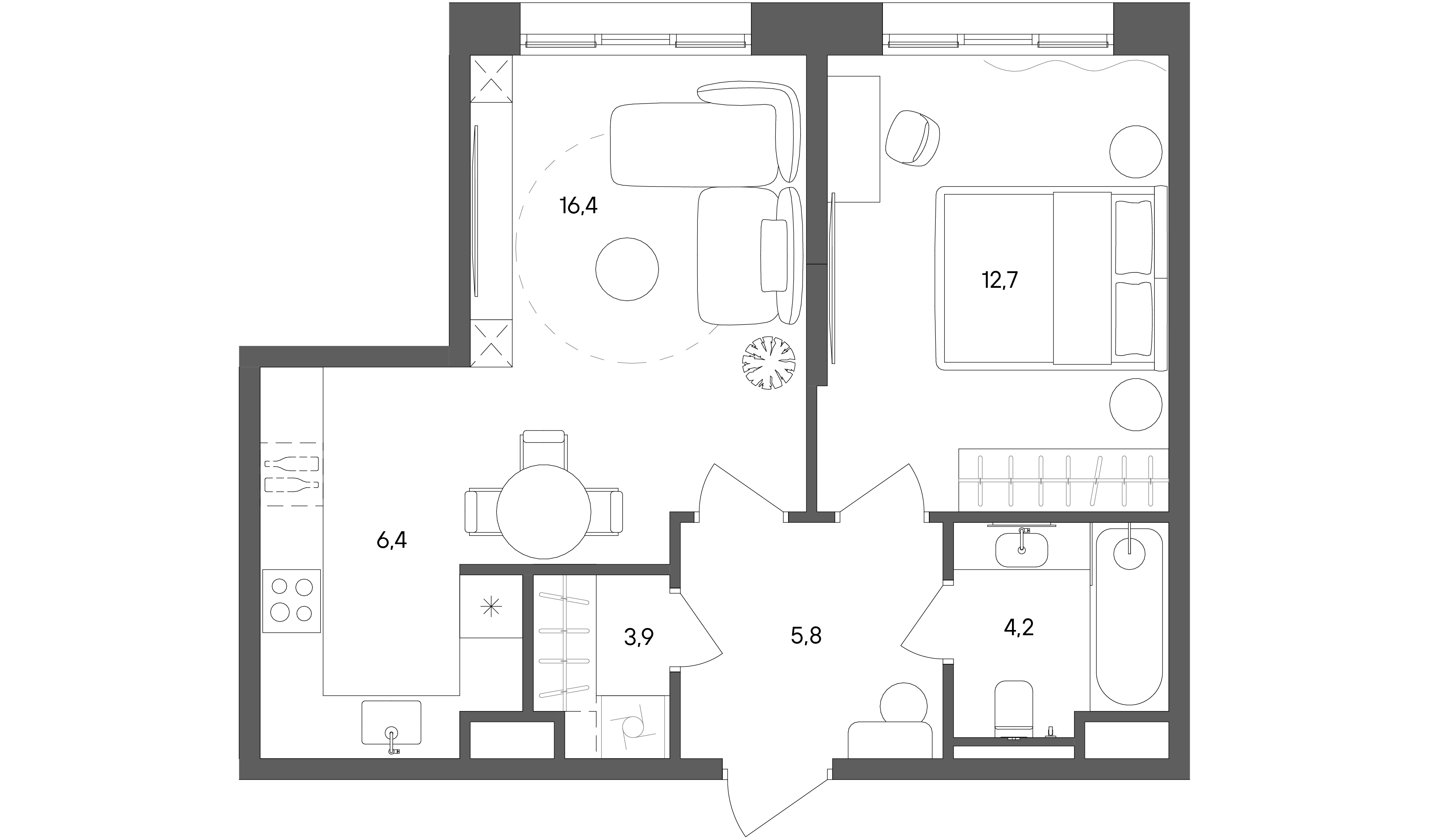 2 комн. квартира, 49.4 м², 16 этаж 