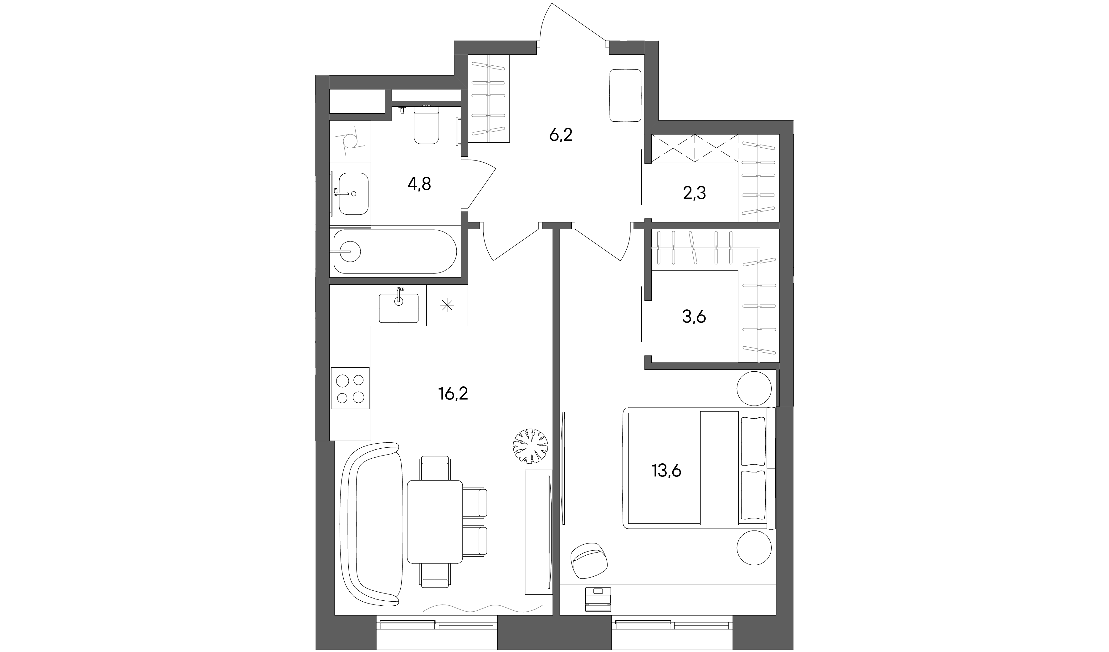 1 комн. квартира, 46.7 м², 2 этаж 