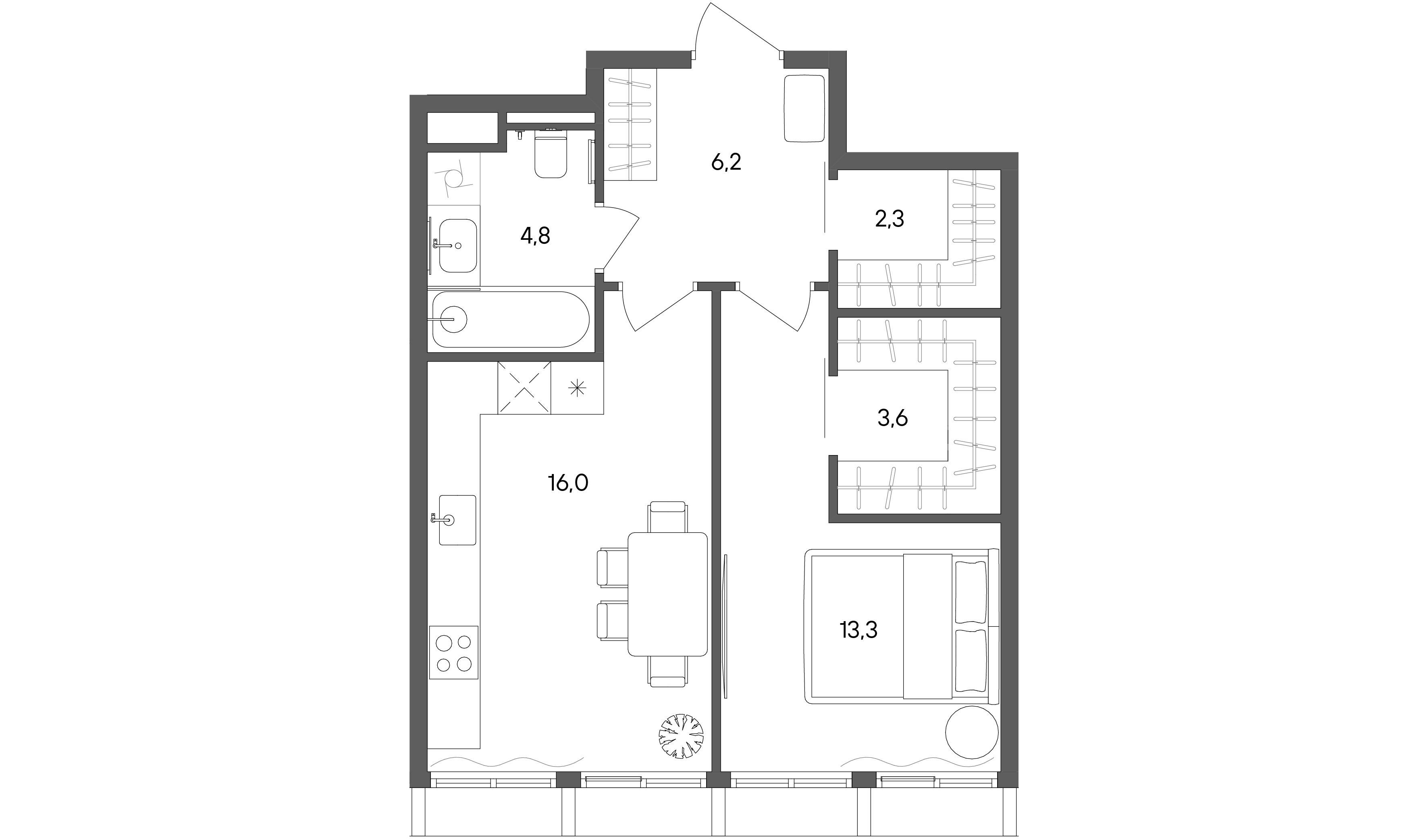 1 комн. квартира, 46.2 м², 31 этаж 