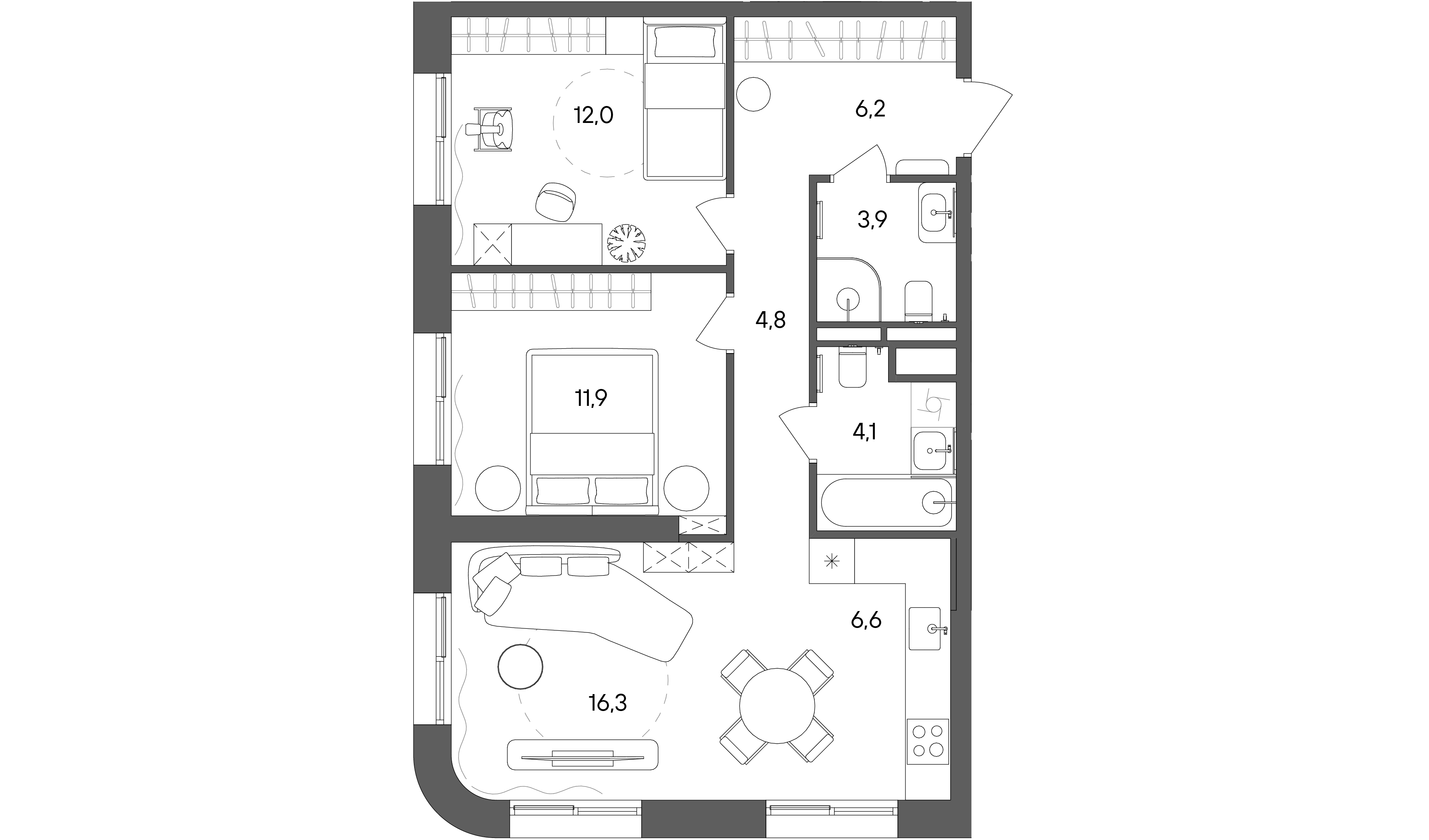 3 комн. квартира, 65.8 м², 2 этаж 