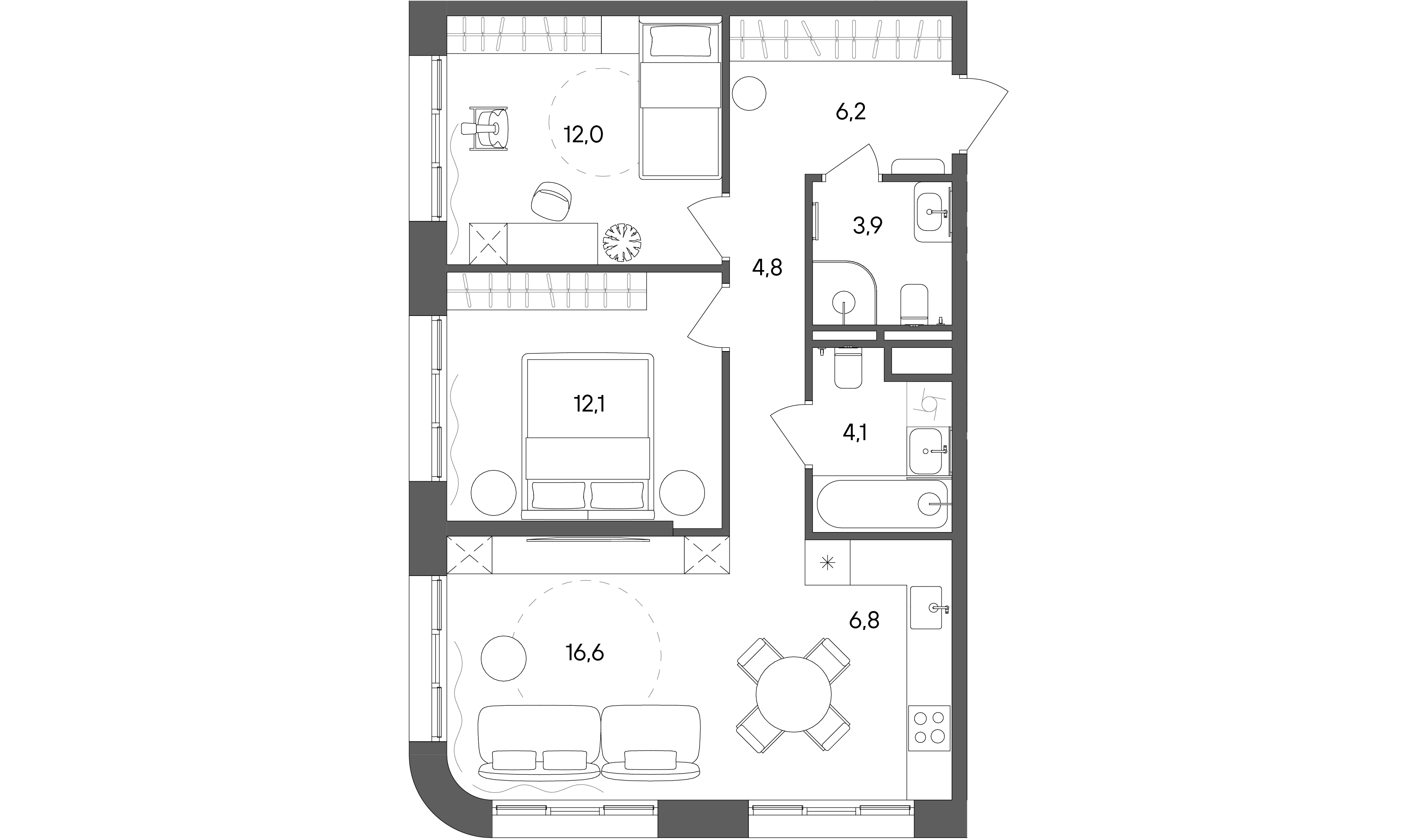 3 комн. квартира, 66.5 м², 25 этаж 