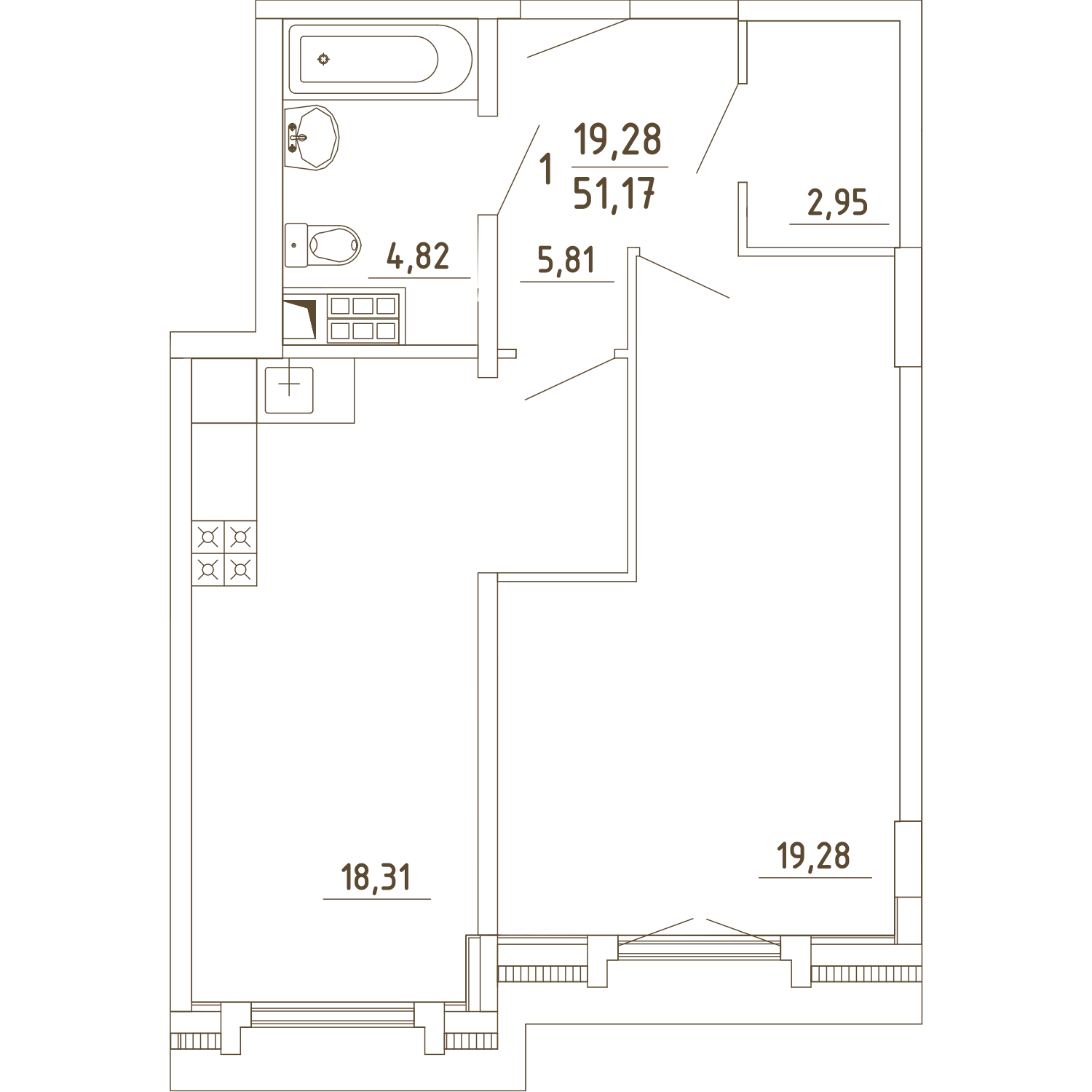 1 комн. квартира, 51.2 м², 4 этаж 