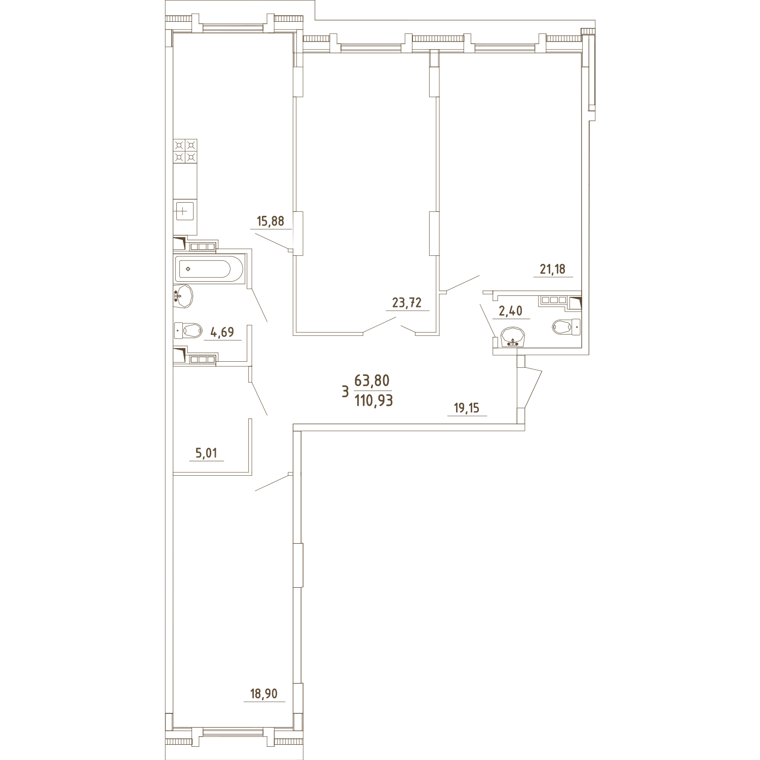 3 комн. квартира, 110.6 м², 4 этаж 