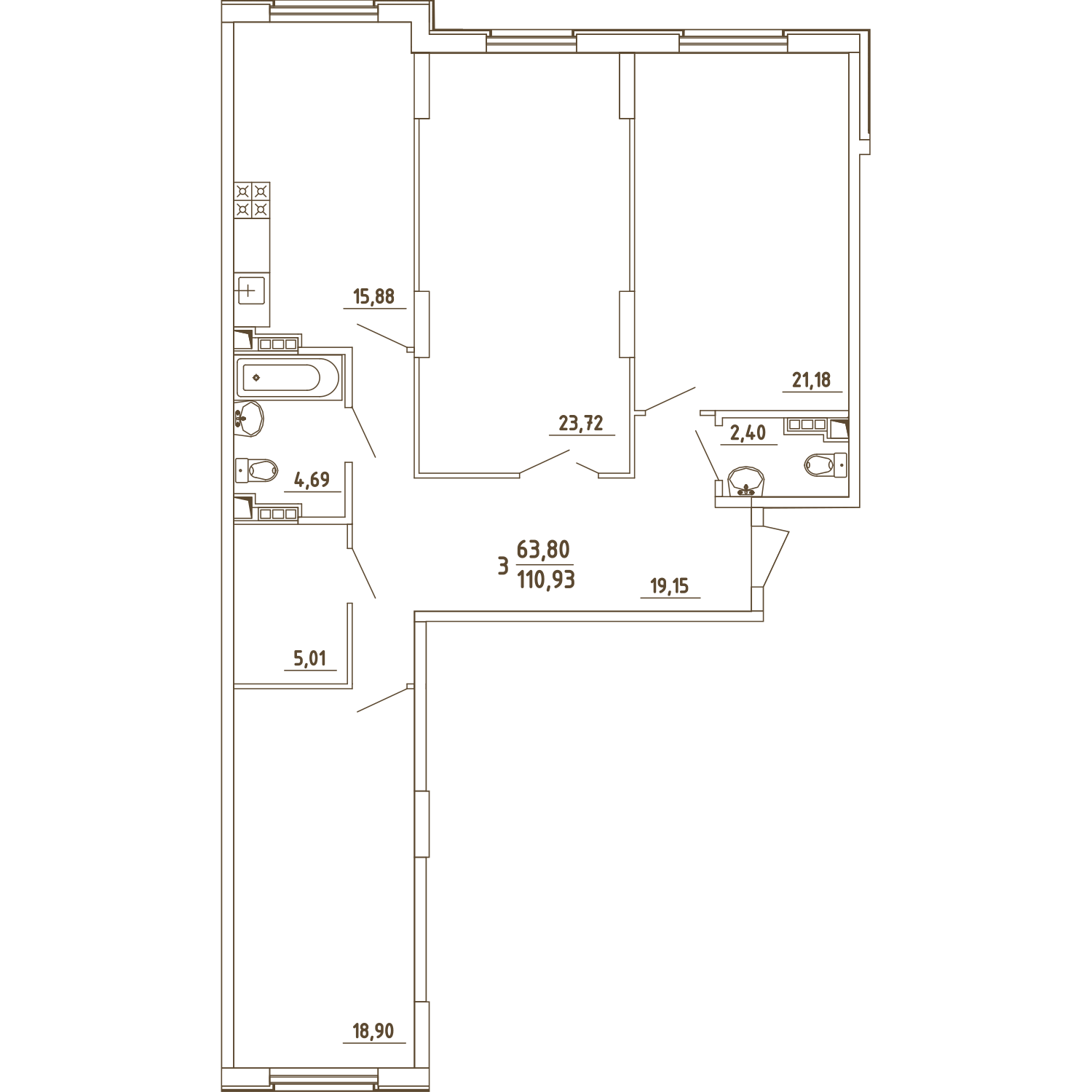3 комн. квартира, 110.6 м², 1 этаж 