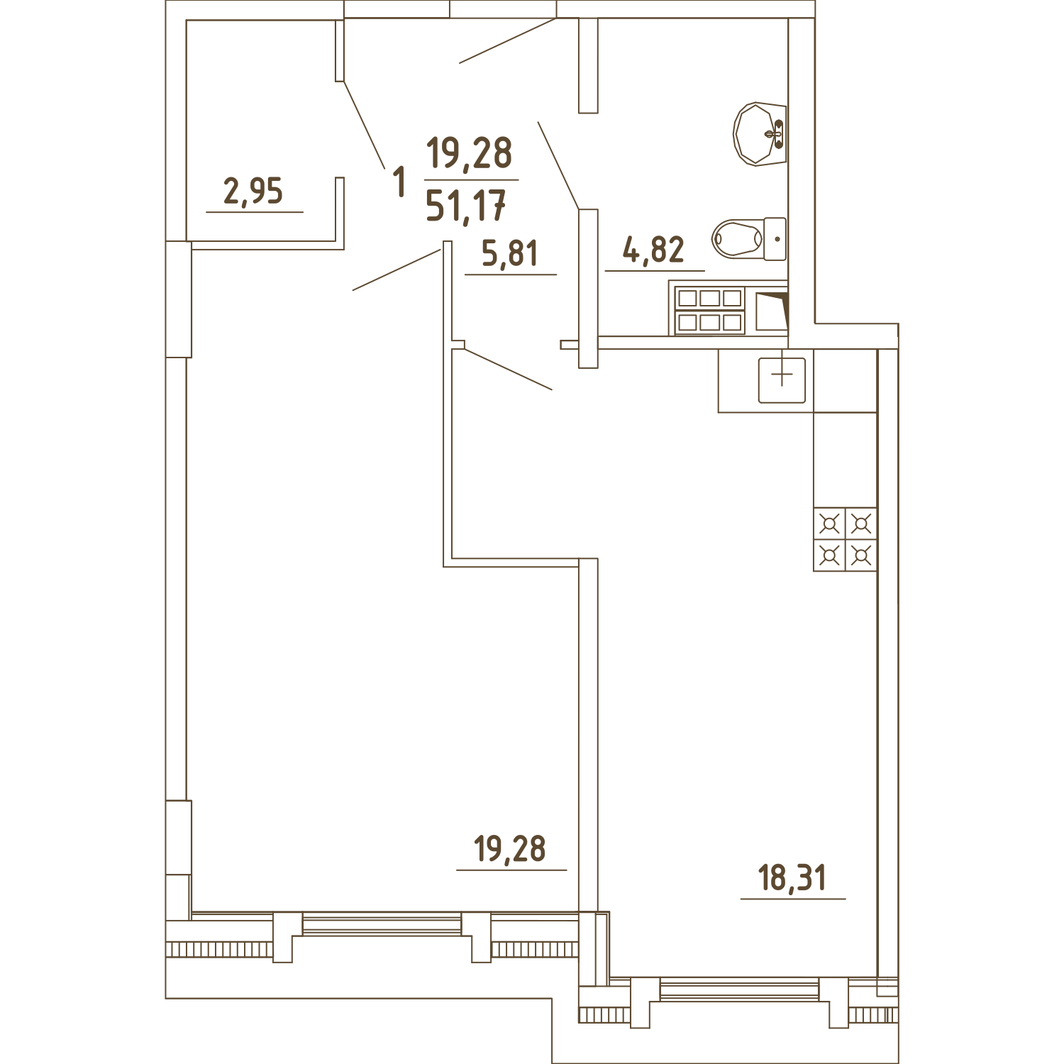 1 комн. квартира, 51.2 м², 4 этаж 