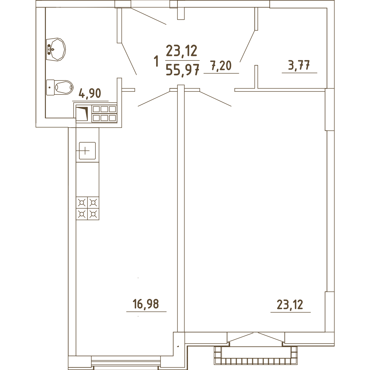 1 комн. квартира, 56 м², 3 этаж 