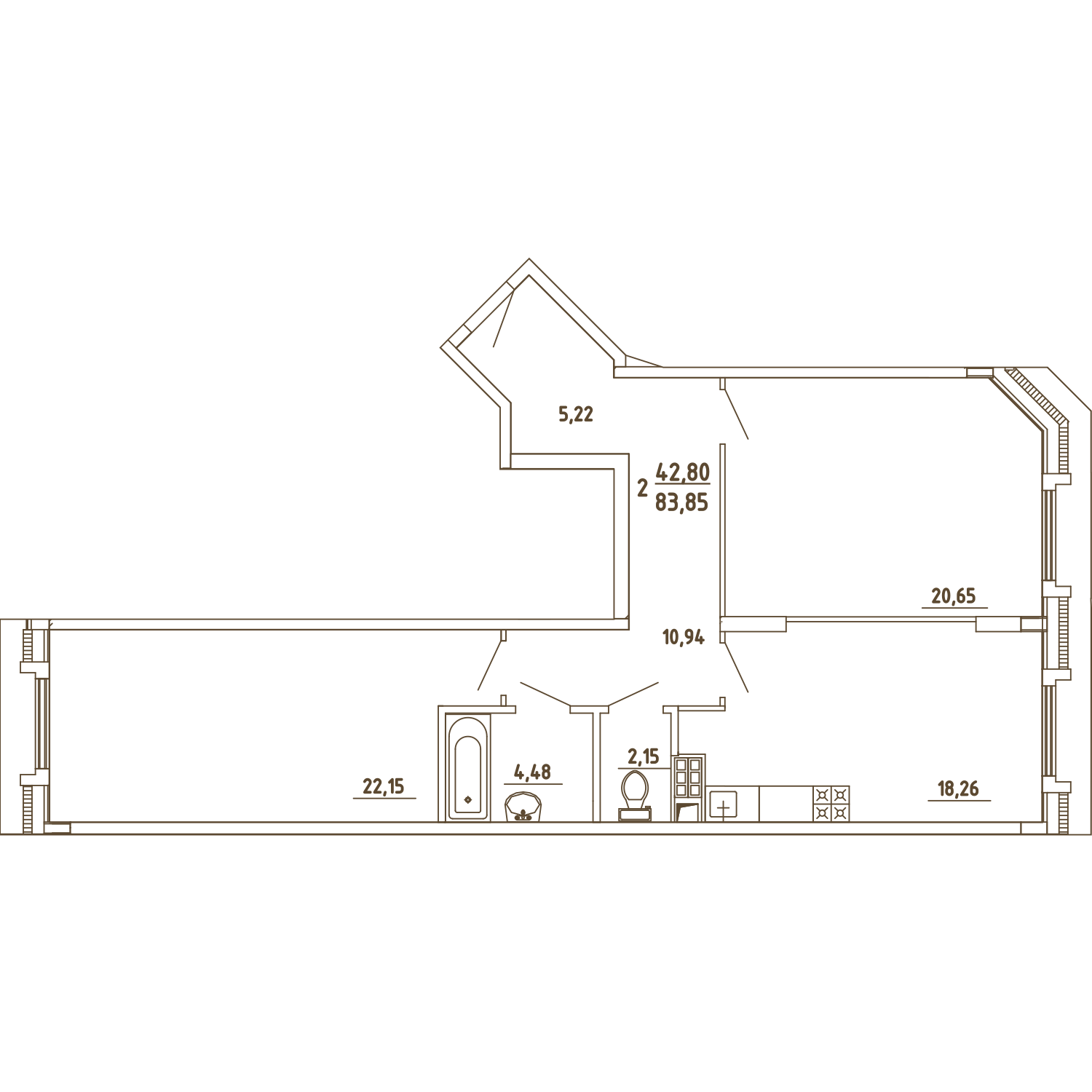 2 комн. квартира, 83.8 м², 4 этаж 