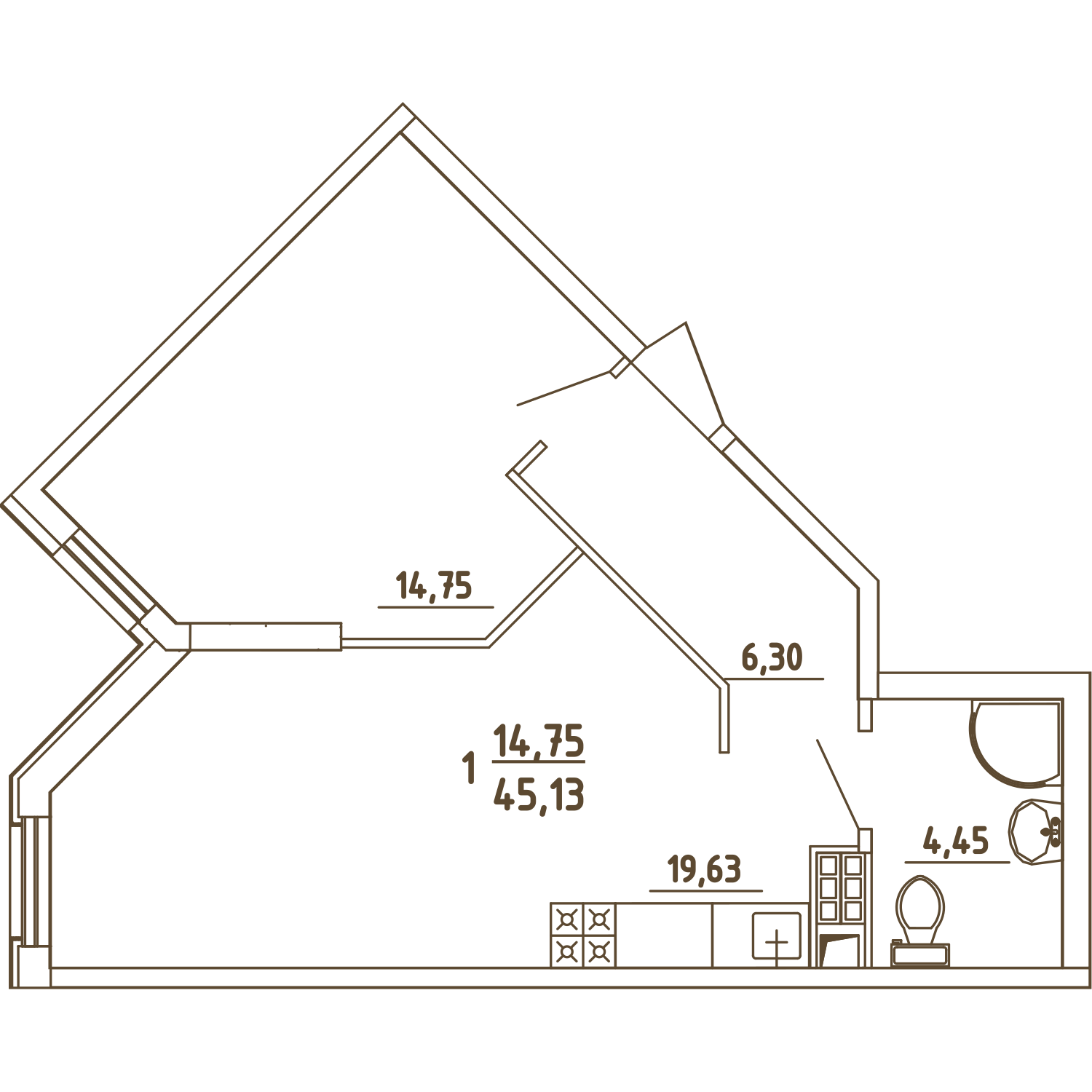 1 комн. квартира, 45.1 м², 3 этаж 
