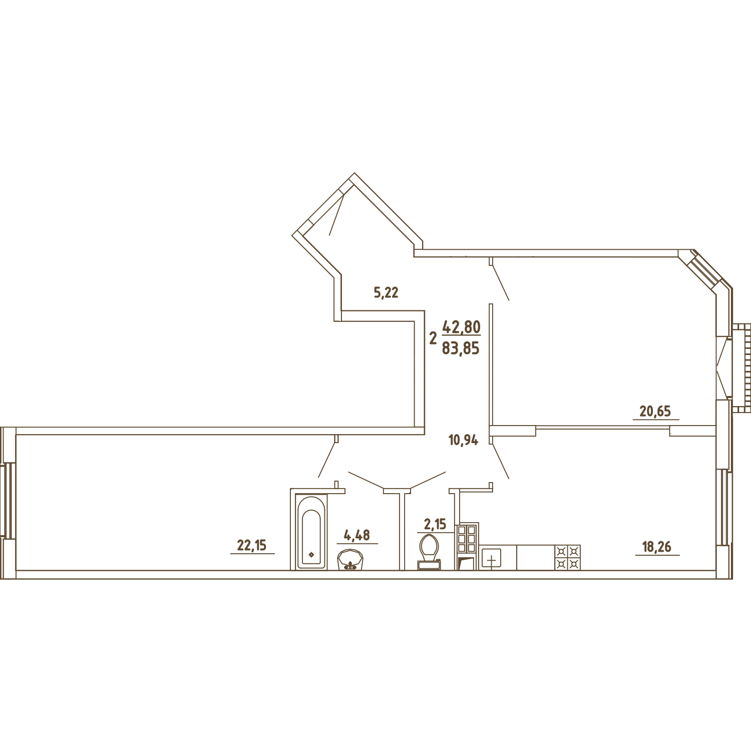 2 комн. квартира, 83.8 м², 3 этаж 