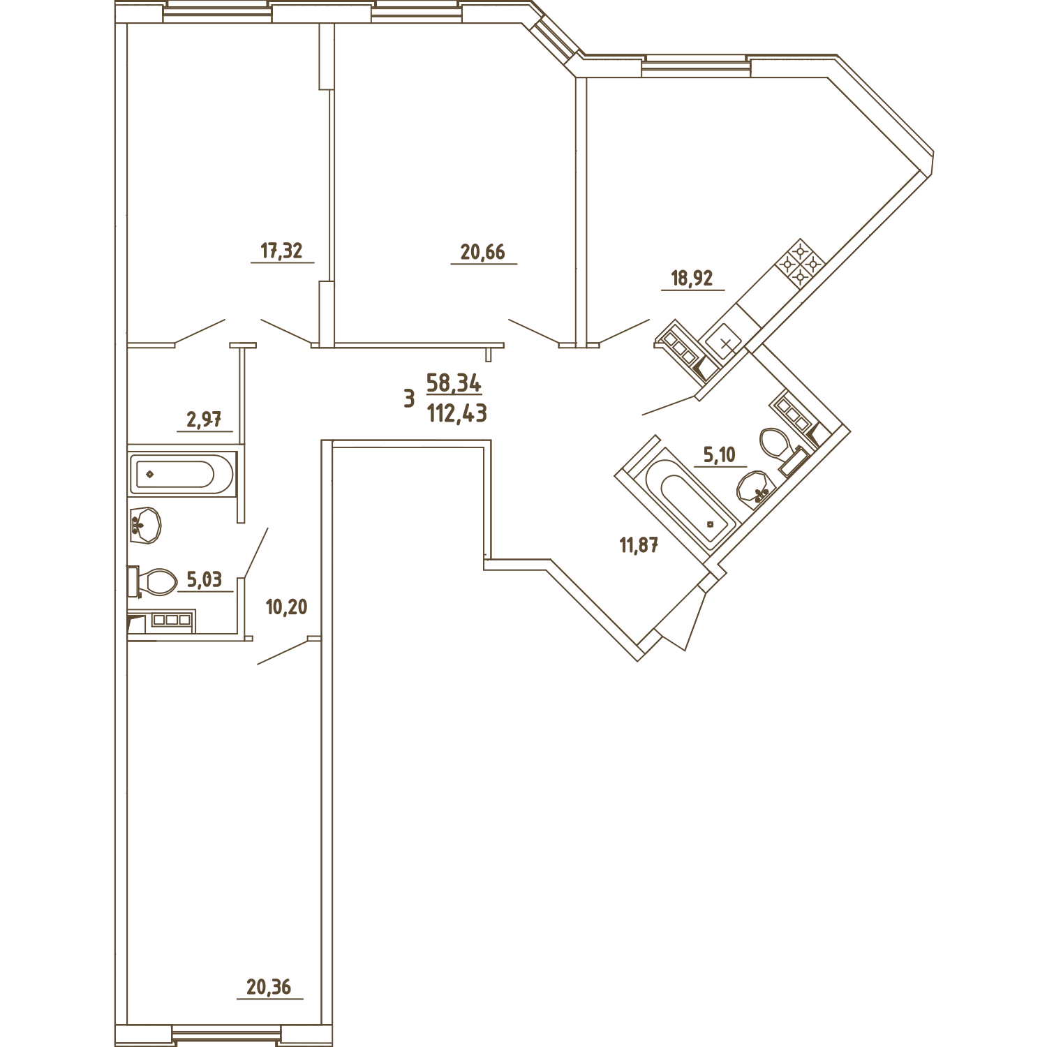 3 комн. квартира, 112.4 м², 1 этаж 