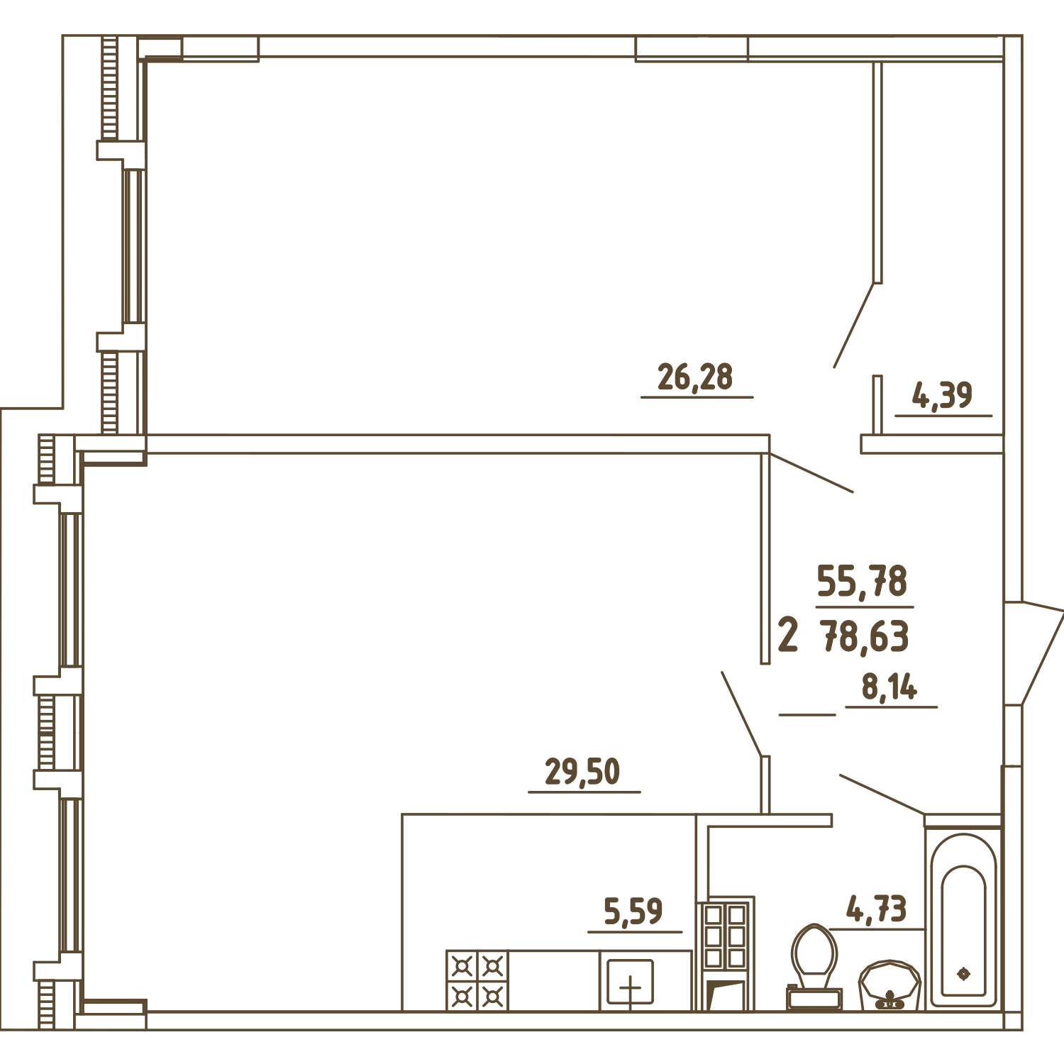 2 комн. квартира, 78.6 м², 4 этаж 