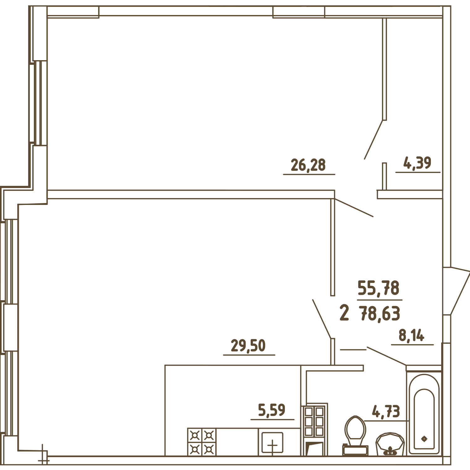 2 комн. квартира, 78.6 м², 3 этаж 