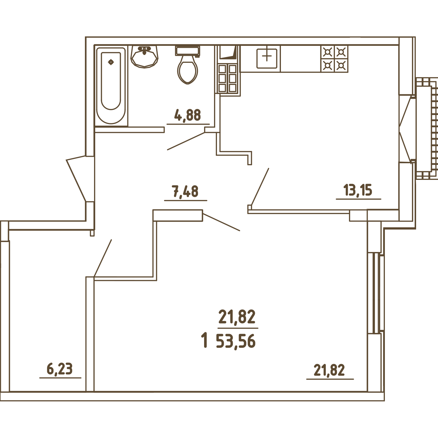 1 комн. квартира, 53.6 м², 3 этаж 