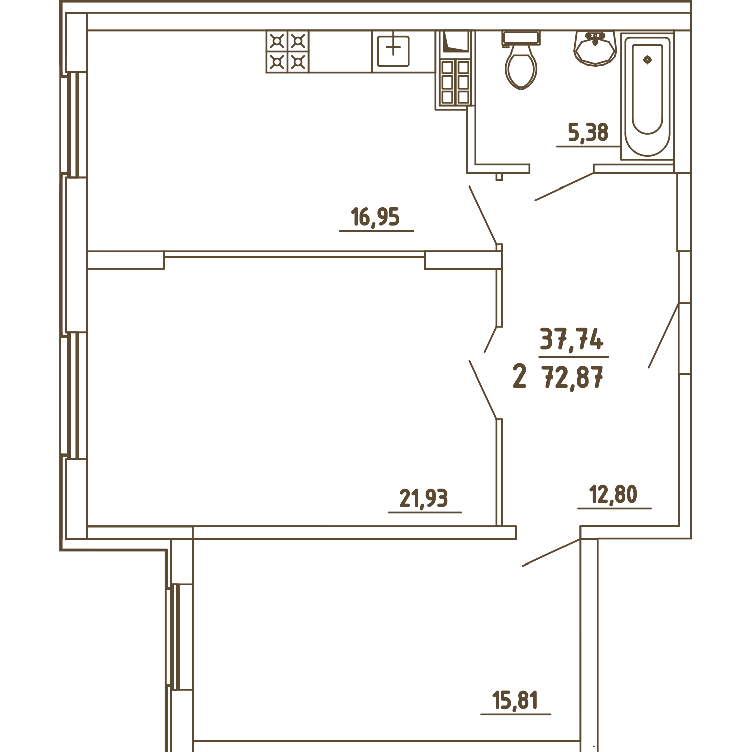 2 комн. квартира, 72.9 м², 1 этаж 