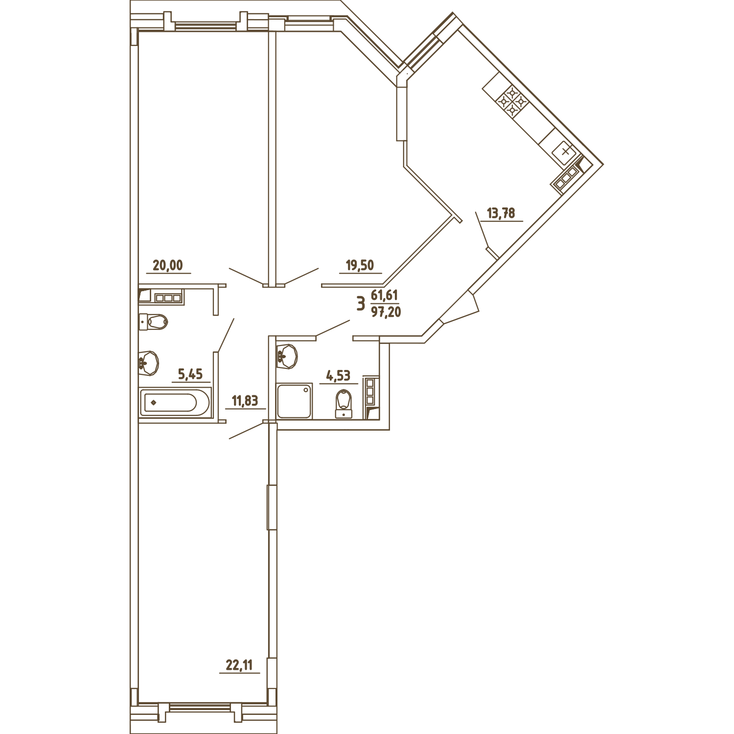 3 комн. квартира, 97.2 м², 4 этаж 