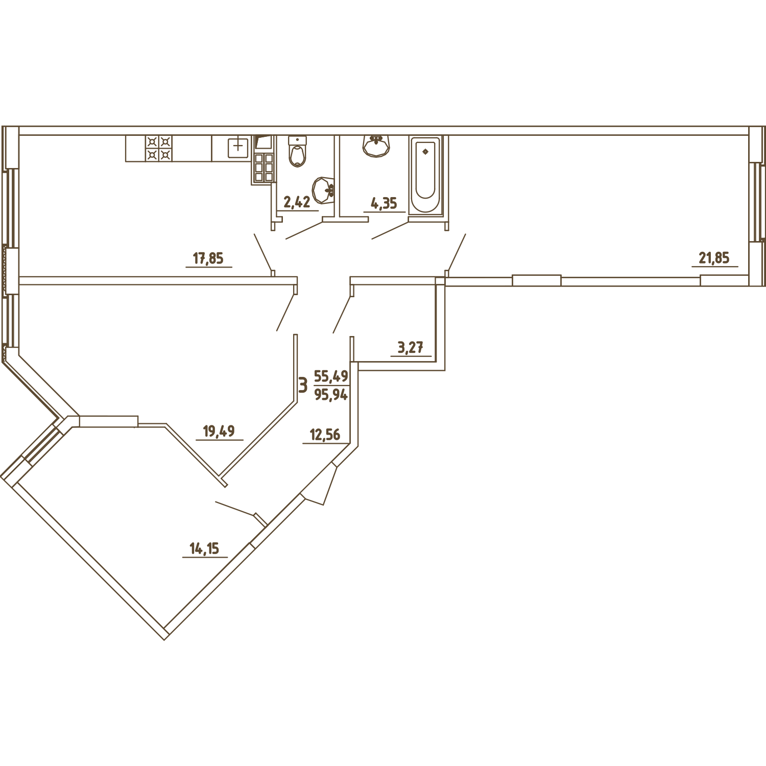 3 комн. квартира, 95.9 м², 3 этаж 