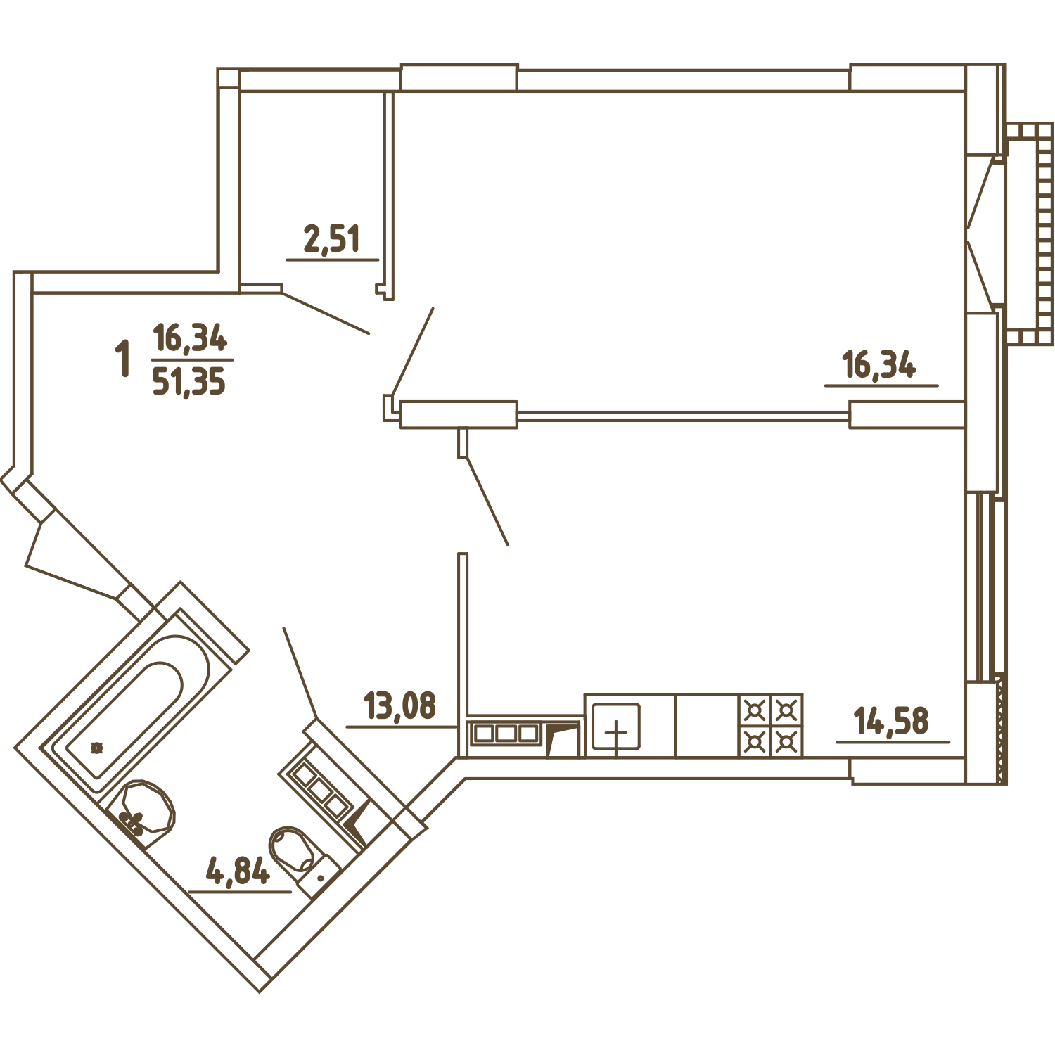 1 комн. квартира, 51.4 м², 3 этаж 