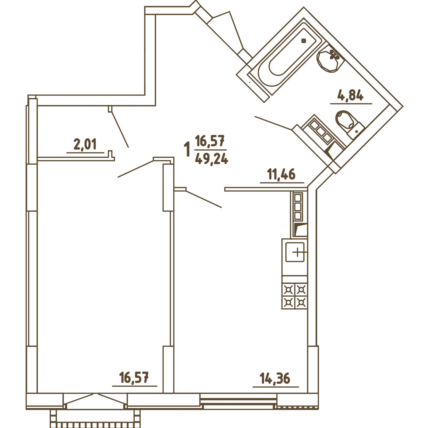 1 комн. квартира, 49.3 м², 3 этаж 