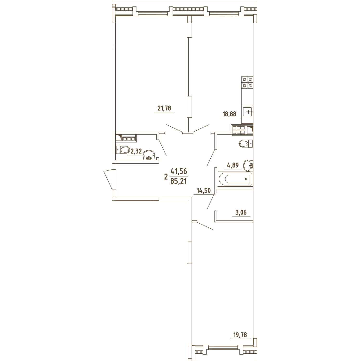 2 комн. квартира, 85.2 м², 4 этаж 