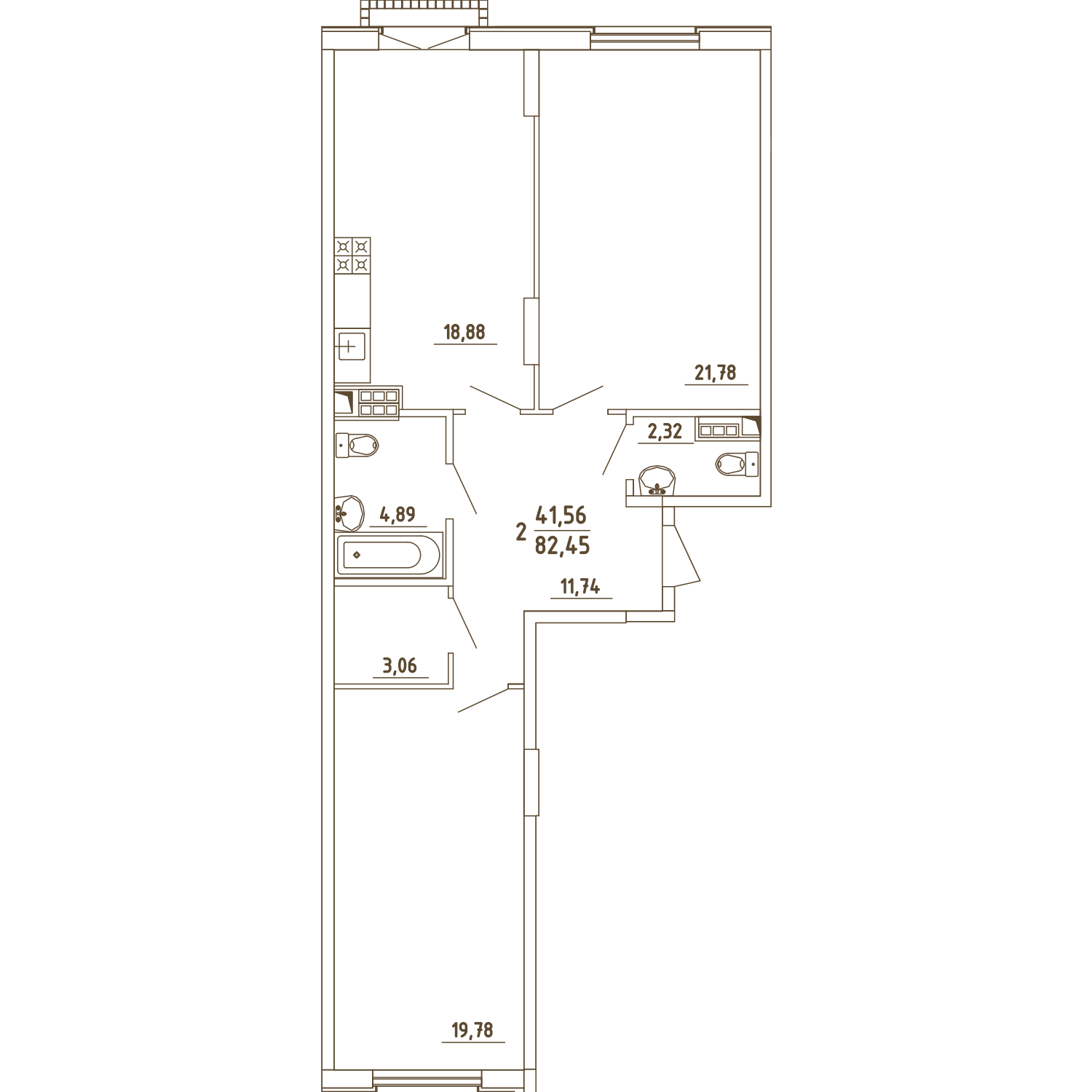 2 комн. квартира, 82.5 м², 3 этаж 