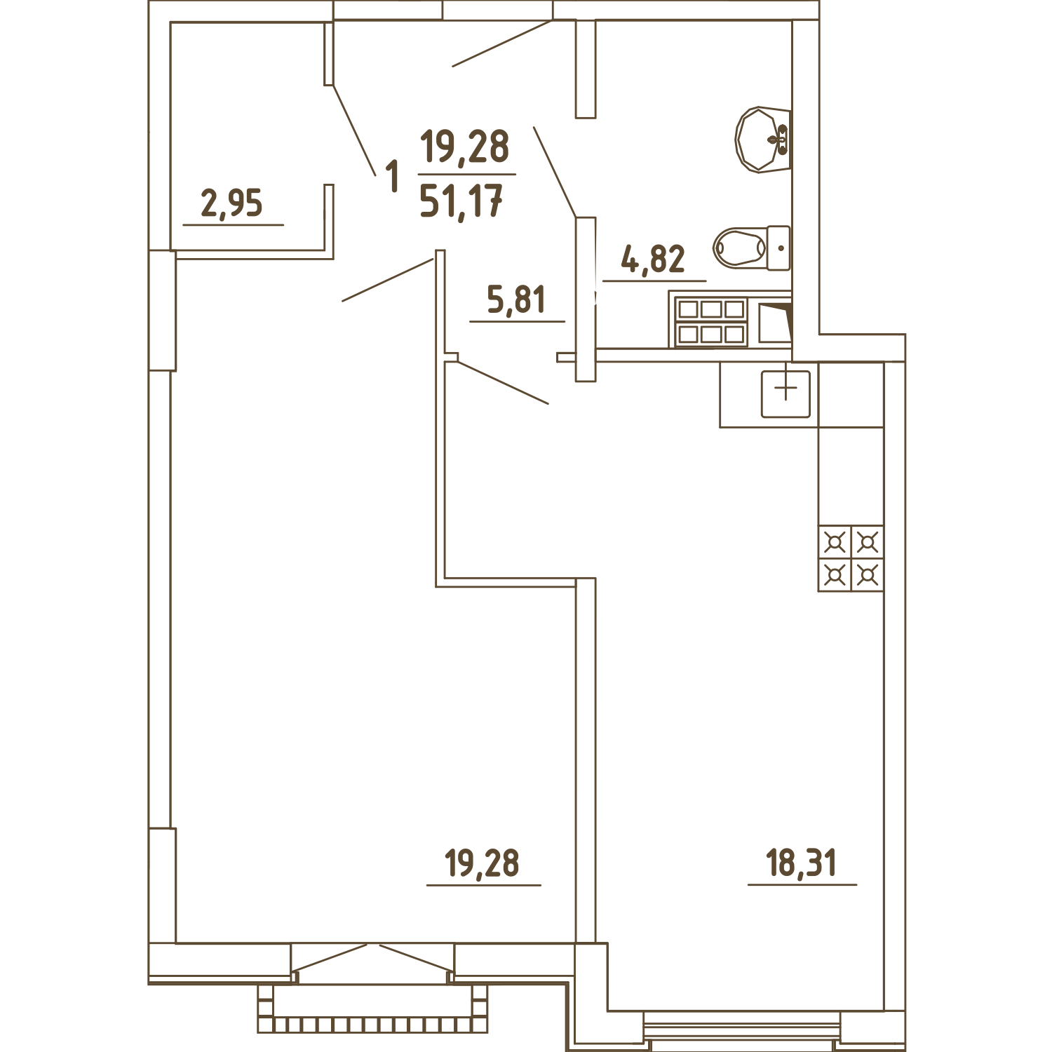 1 комн. квартира, 51.2 м², 3 этаж 