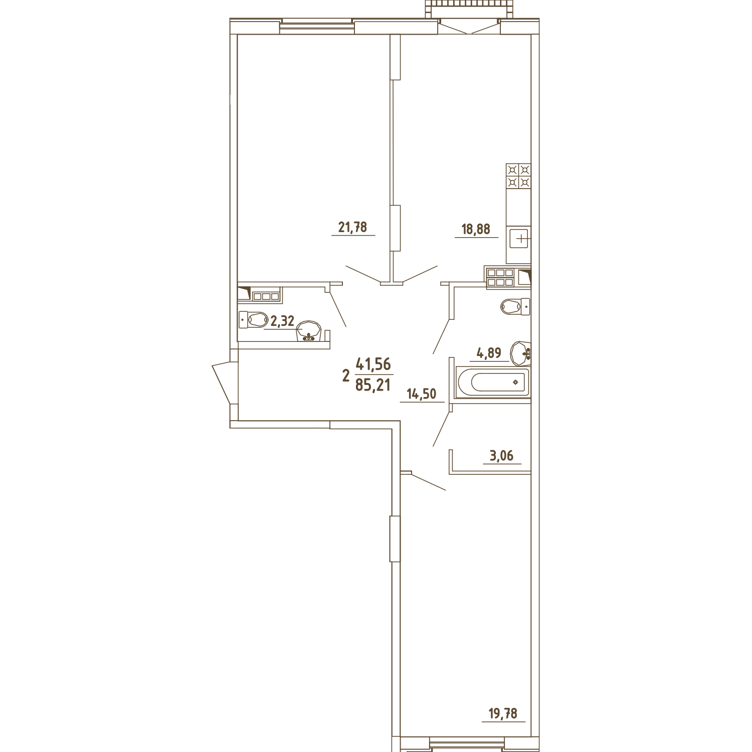 2 комн. квартира, 85.2 м², 3 этаж 