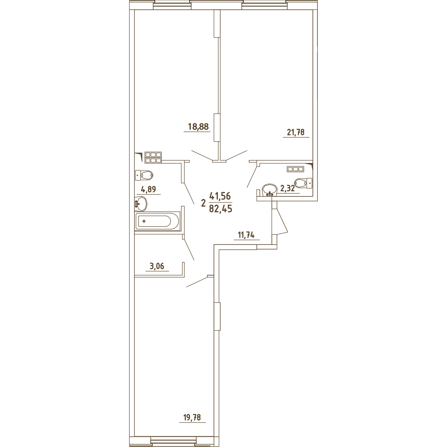 2 комн. квартира, 82.5 м², 1 этаж 