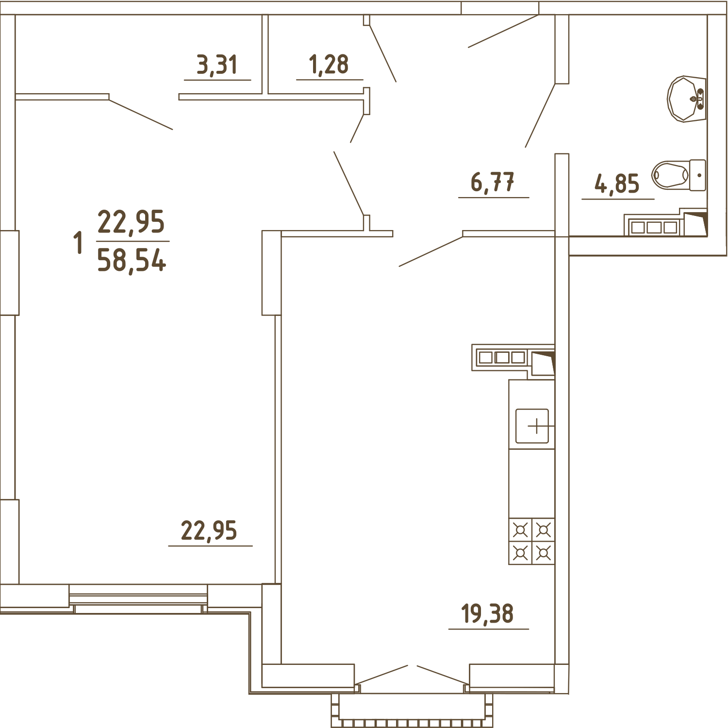 1 комн. квартира, 58.5 м², 3 этаж 