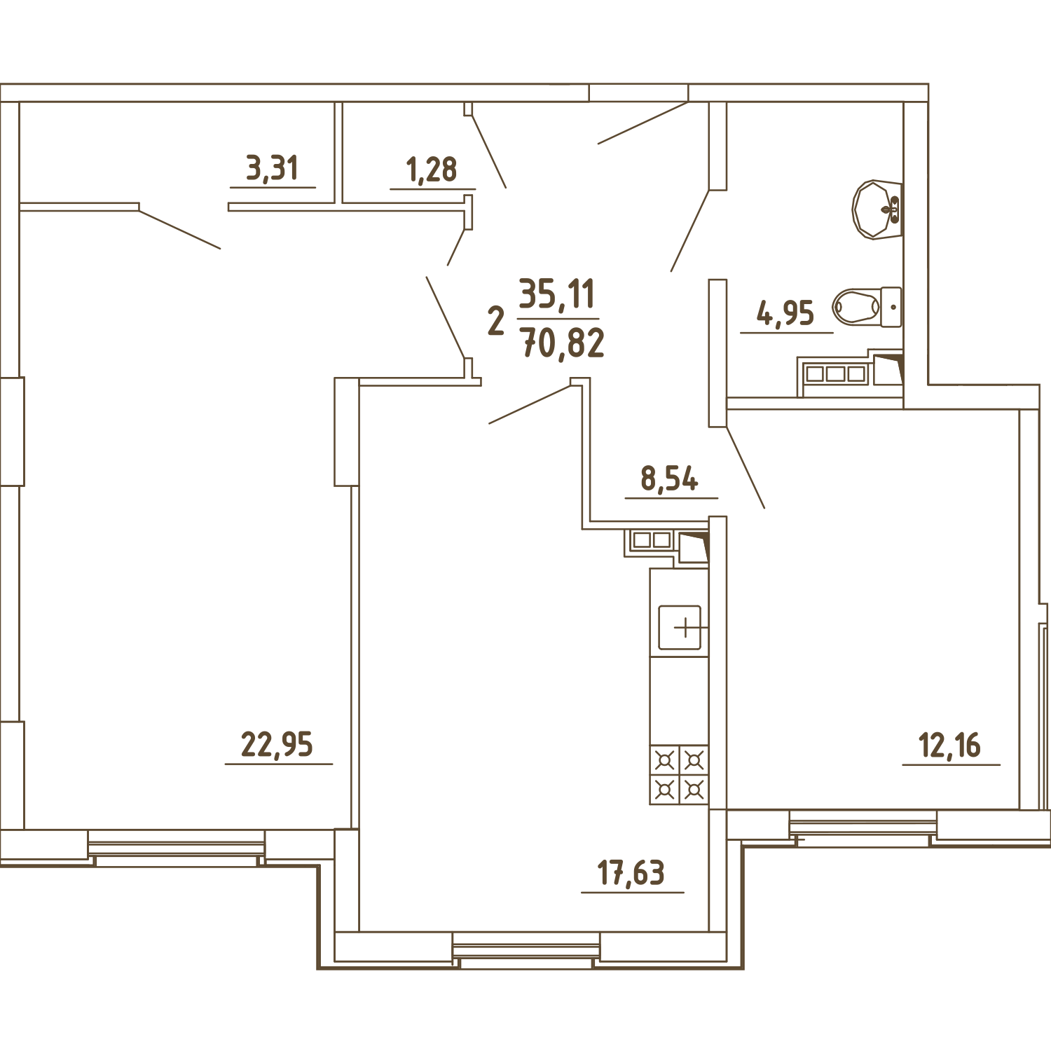 2 комн. квартира, 70.8 м², 1 этаж 