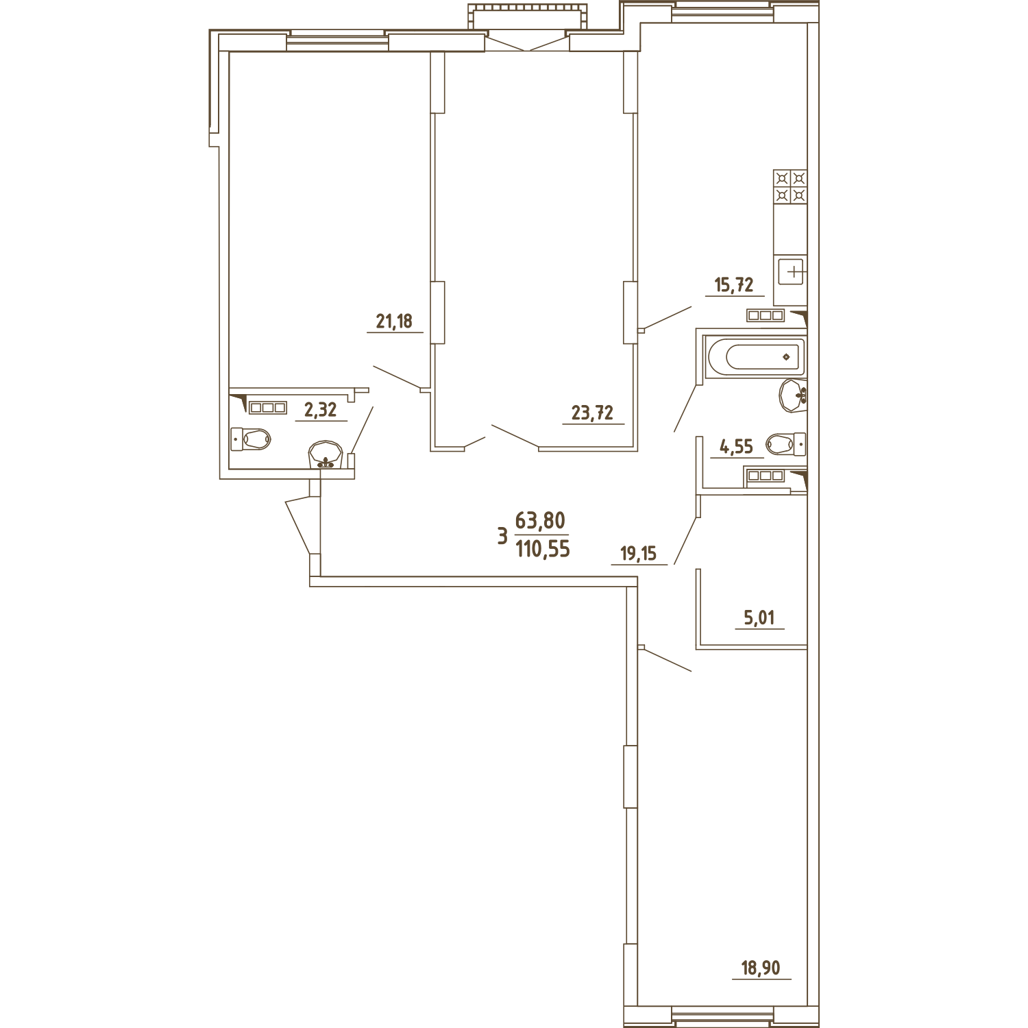 3 комн. квартира, 110.2 м², 2 этаж 