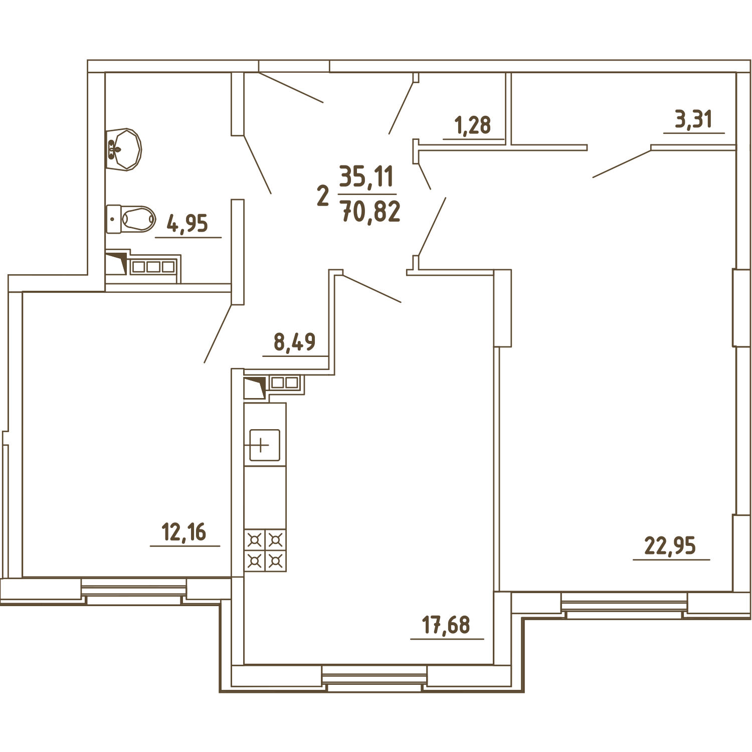 2 комн. квартира, 70.8 м², 1 этаж 