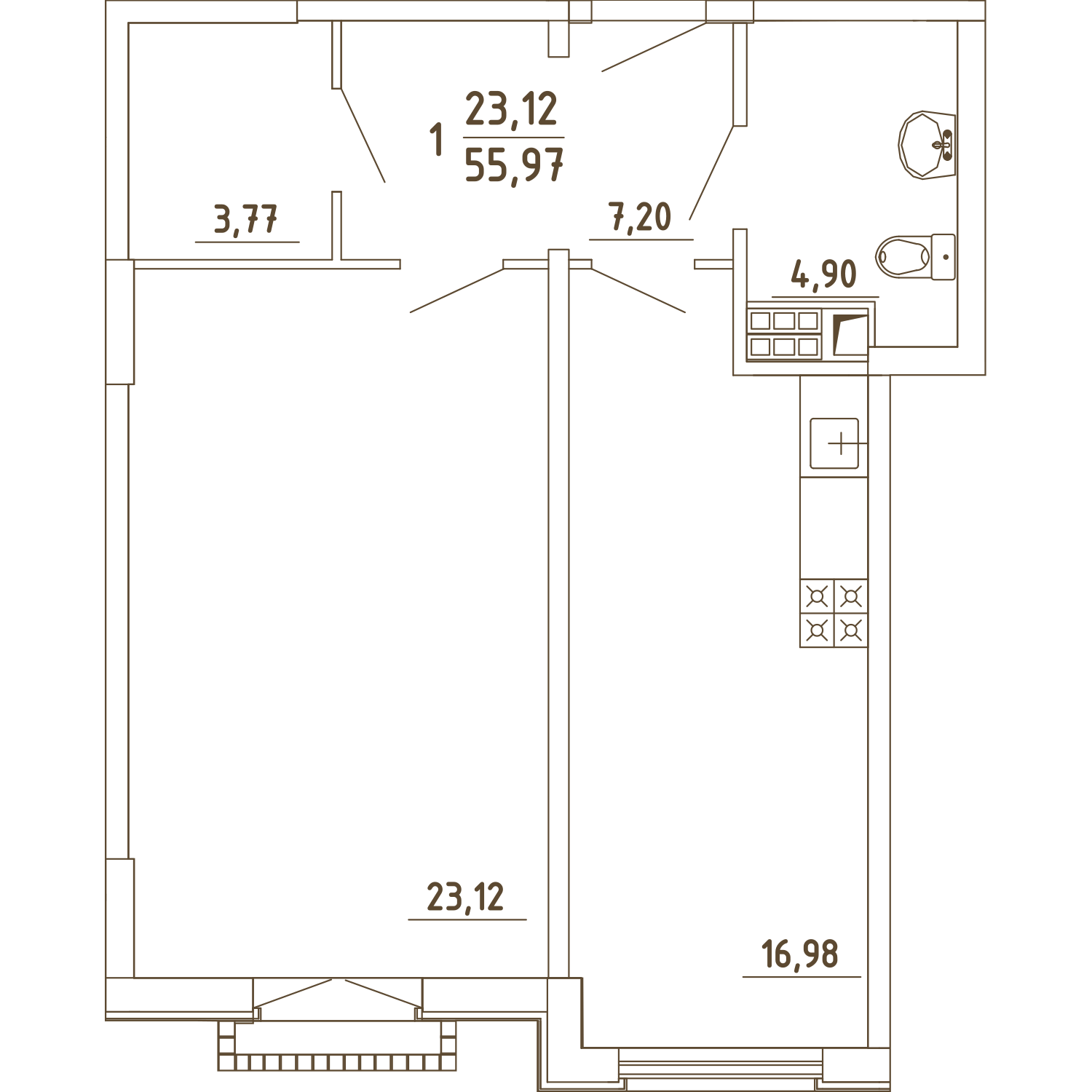1 комн. квартира, 56 м², 3 этаж 