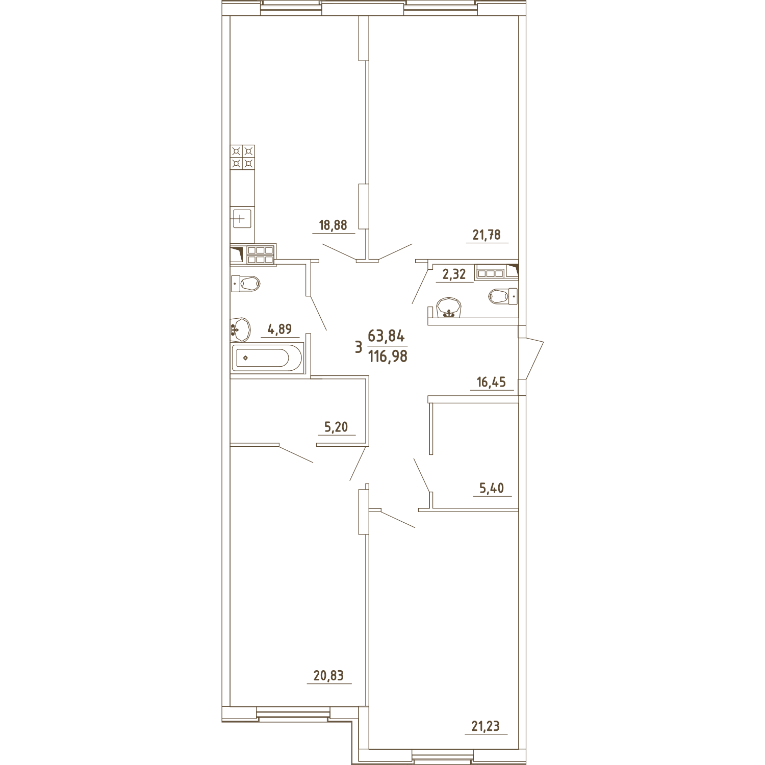 3 комн. квартира, 117 м², 1 этаж 