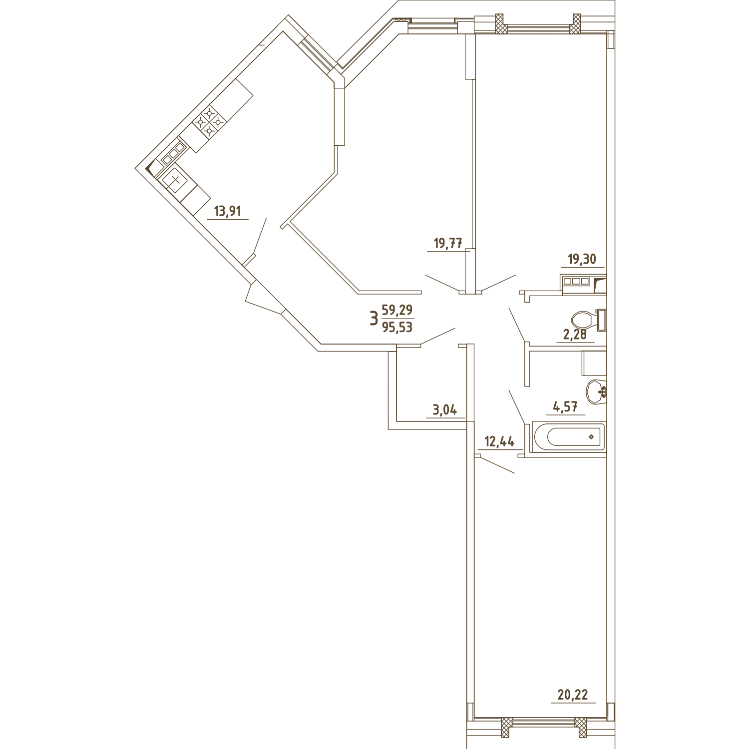 3 комн. квартира, 95.5 м², 4 этаж 