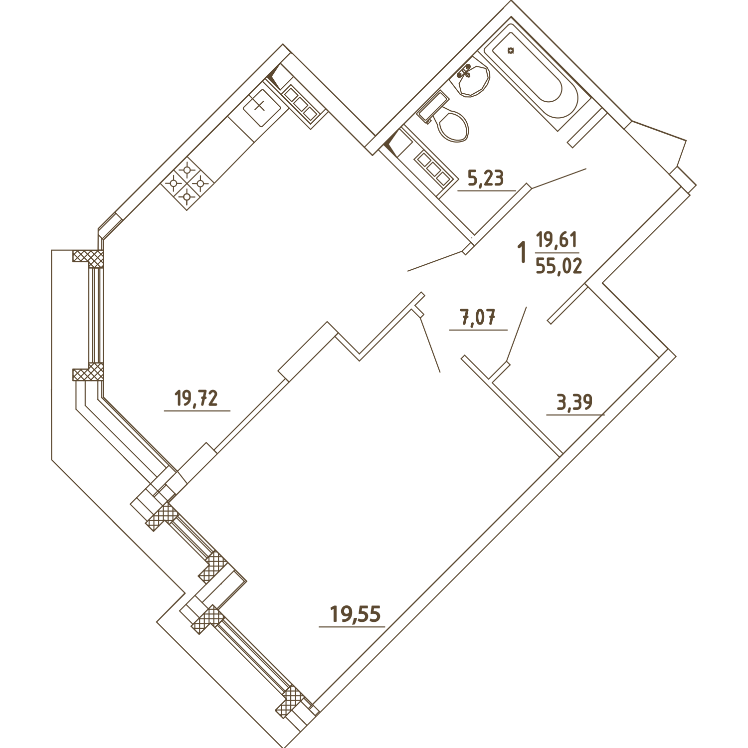 1 комн. квартира, 55 м², 4 этаж 