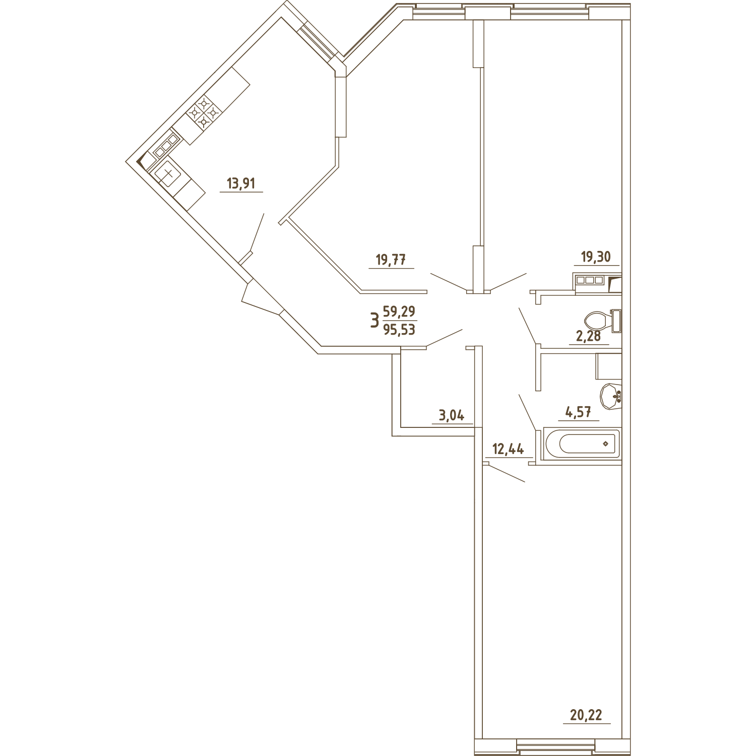 3 комн. квартира, 95.5 м², 1 этаж 