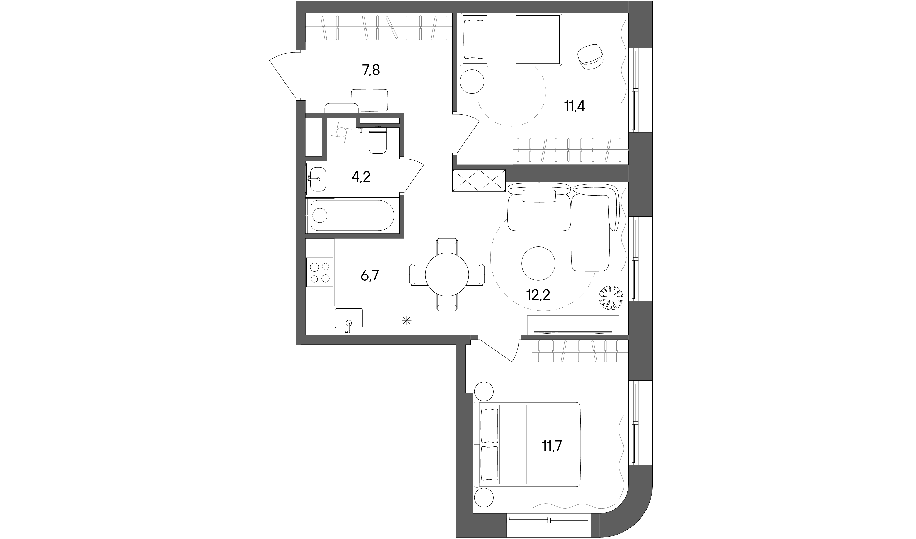 2 комн. квартира, 54 м², 2 этаж 