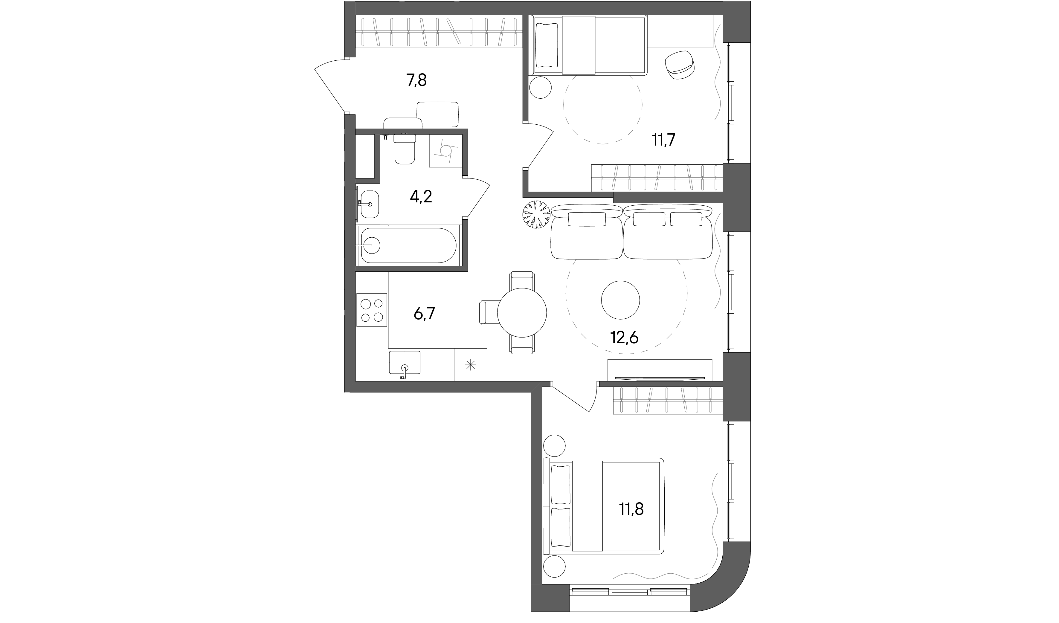 2 комн. квартира, 54.8 м², 18 этаж 